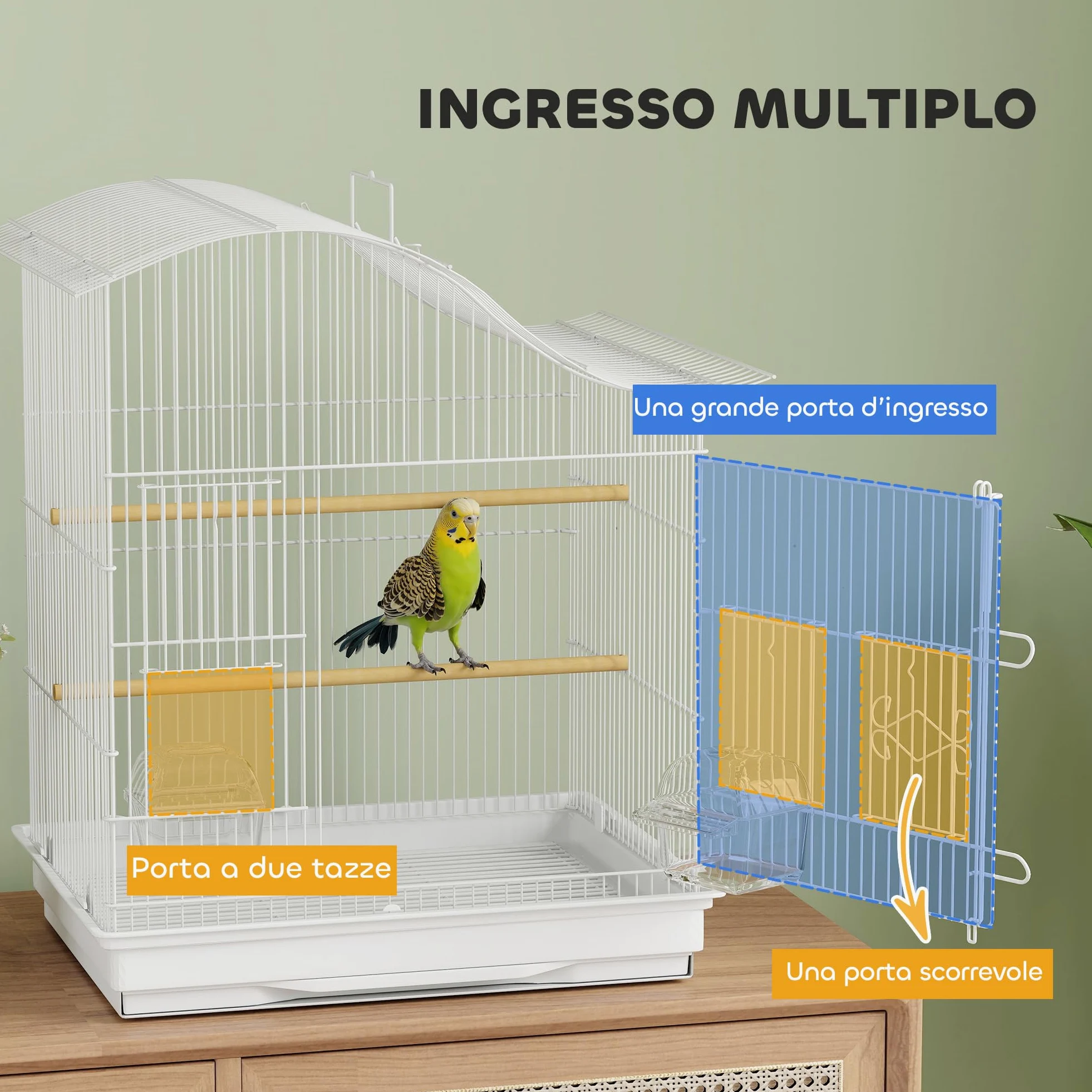 PawHut Gabbietta per Uccelli a 4 Ingressi con 2 Ciotole, 2 Posatoi e Vassoio Estraibile, Voliera in Metallo e Plastica, 47.5x36x54.5 cm, Bianco