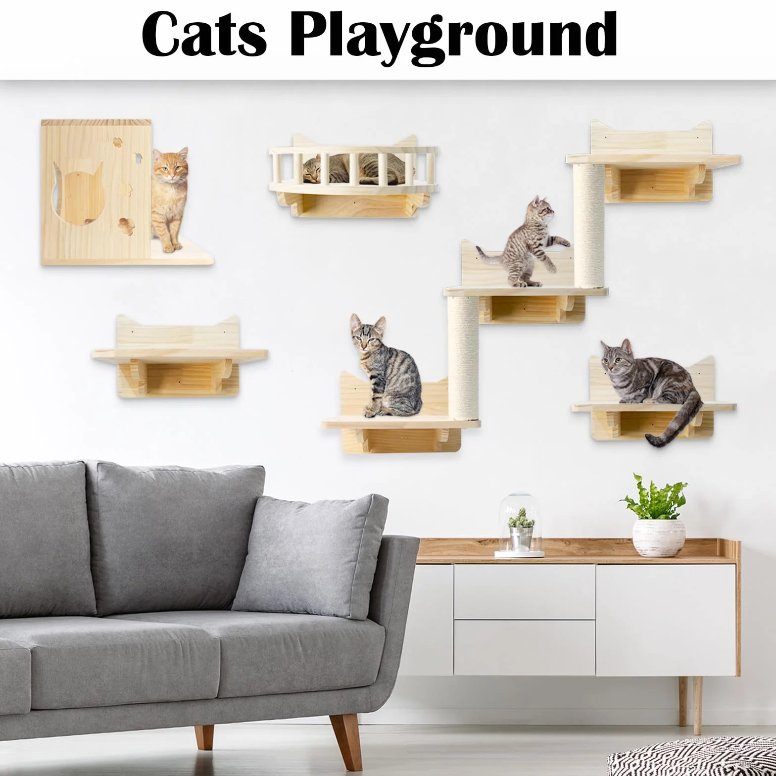 Mensole da Parete per Gatti, Set da 5 Mobili da Parete per Gatti, Includere Mensole, Posatoi, Scaletta, Tiragraffi e Casetta per Dormire, Giocare
