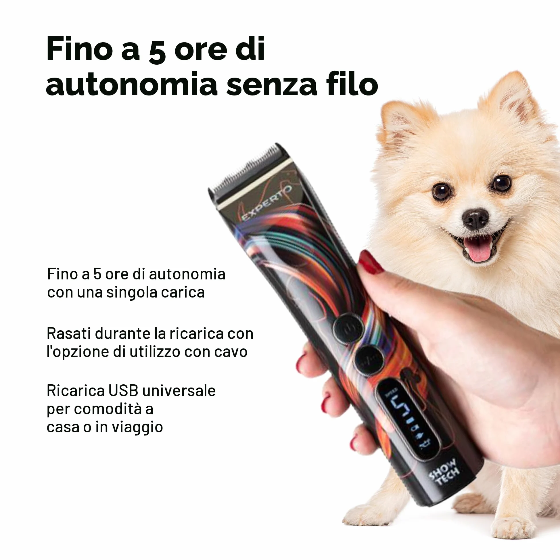 Show Tech Experto Tosatrice Professionale per Cani – Cordless con 5 Velocità (5000–7000 giri/min) – Lama in Ceramica con Rivestimento in Titanio – Display LCD, USB, Silenziosa – 0,25–2 mm