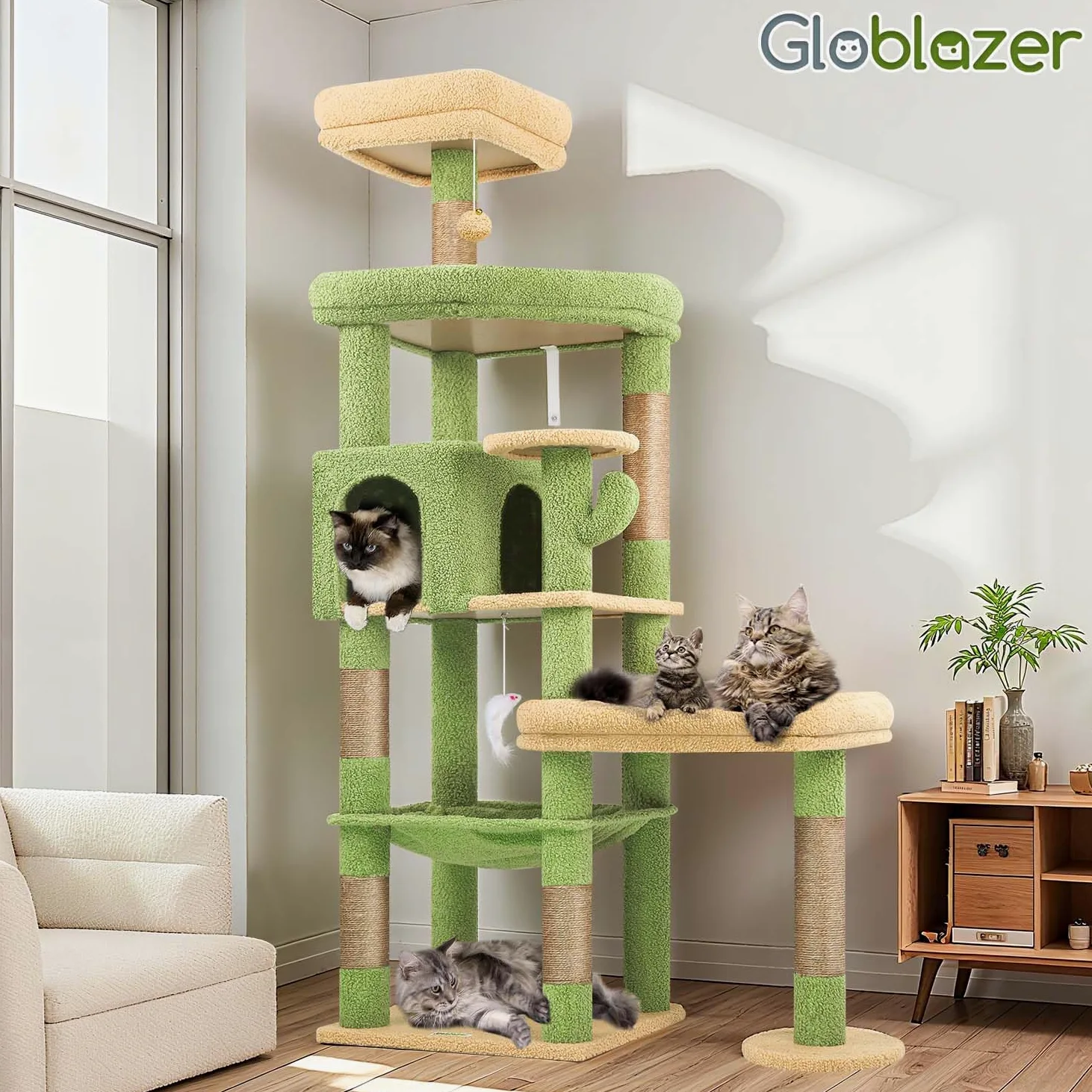 Globlazer Tiragraffi Cactus Verde per Gatti Grandi Alto 165cm con 2 Grandi Imbottiti Piattaforma 48*42CM, Extralarge Amaca, Grotte, Trespoli, Albero Torre Stabile con Supporto per Gatto (S65, Verde)