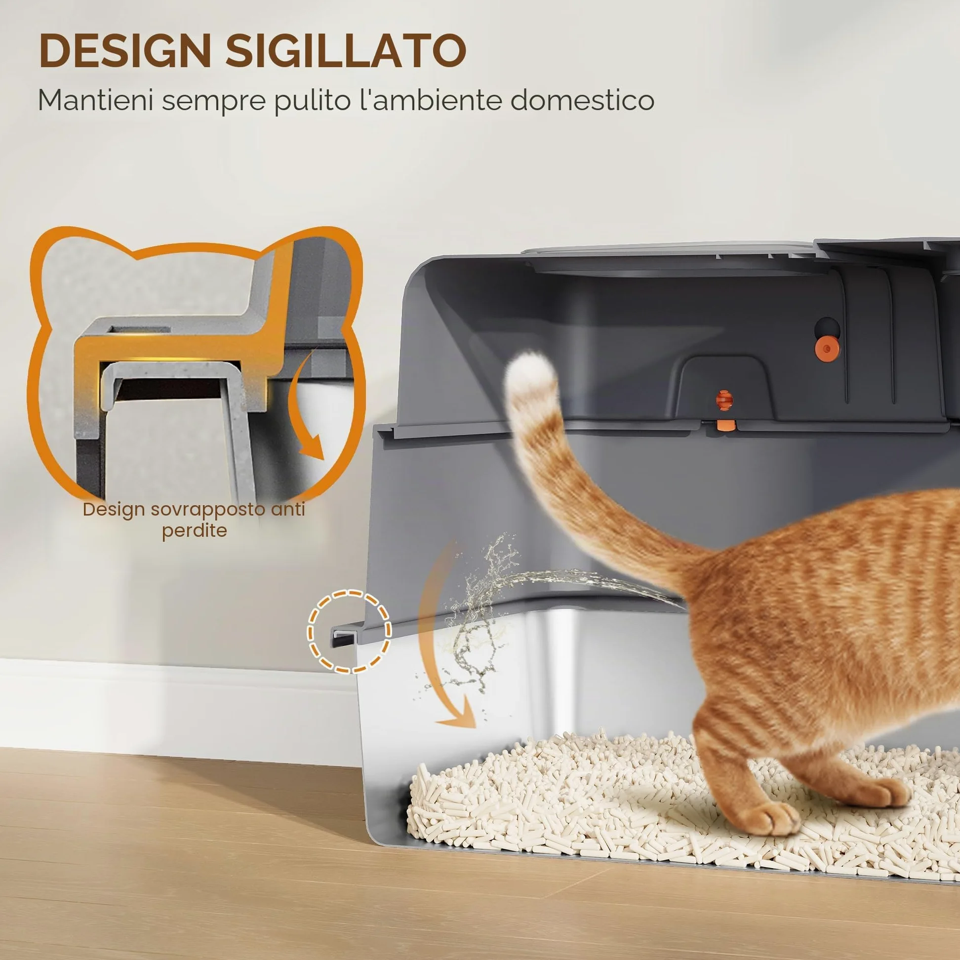 Lettiera Acciaio Inossidabile con Coperchio, XXXL Lettiera Gatto Chiusa, 70 x 50 x 42 cm, 105° coperchio incernierato, Include Pedale e Paletta, Design Modulare, Due Porte, Grigio Scuro