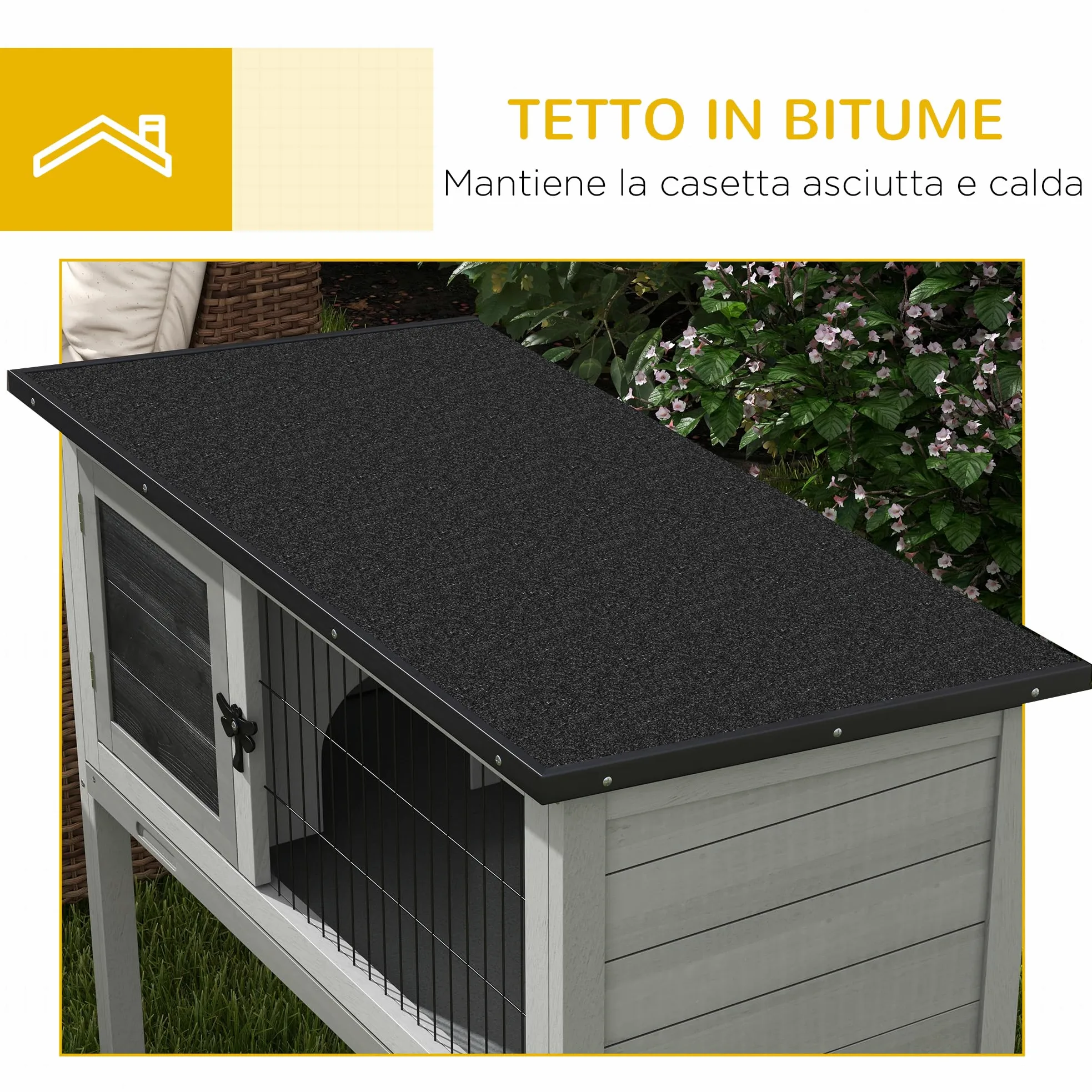 PawHut Conigliera Rialzata in Legno da Esterni con Tetto Apribile, Gabbia per Conigli con Vassoio Estraibile, 84x43x70cm