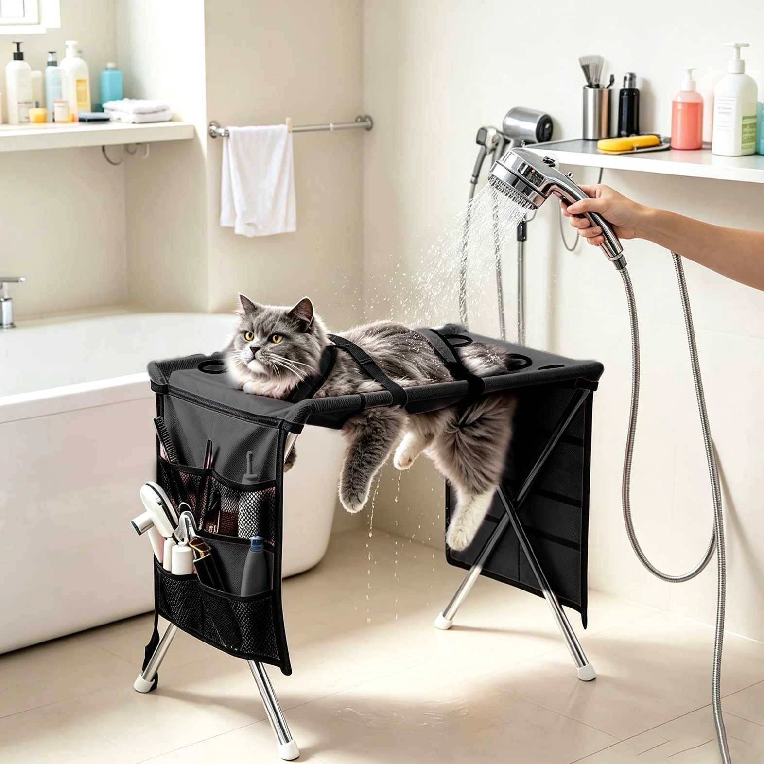 Tavolo per Toelettatura Cani Pieghevole, Supporto Amaca per Toelettatura，C | Tavolo da Bagno per Gatti Traspirante per Cani Piccoli e Gatti Stazione di Toelettatura per Taglio Unghie Asciugatura e Bagno