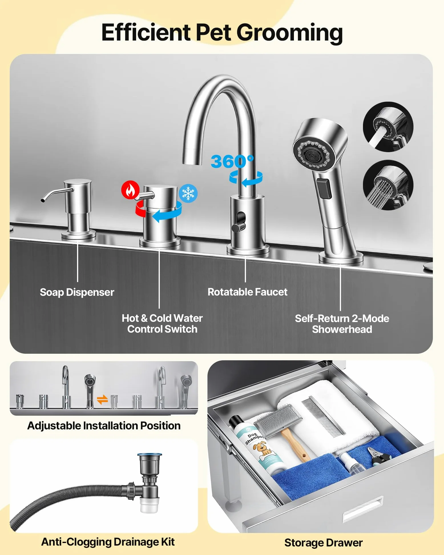 VEVOR Stazione di Lavaggio per Cani in Acciaio Inox, Vasca per Toelettatura per Animali Domestici di Grandi, Medie e Piccole Dimensioni da 127 cm con Rampa, Rubinetto e Porta Sapone, Porta Sinistra