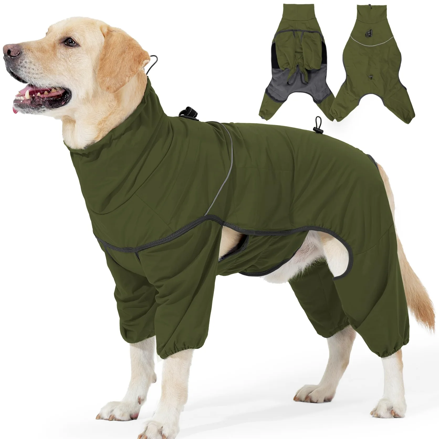 Cappotto riscaldato per cani a quattro zampe, impermeabile, regolabile, con collo alto a ritrazione, abbigliamento invernale per cani di taglia piccola, media e grande (verde, 3XL)