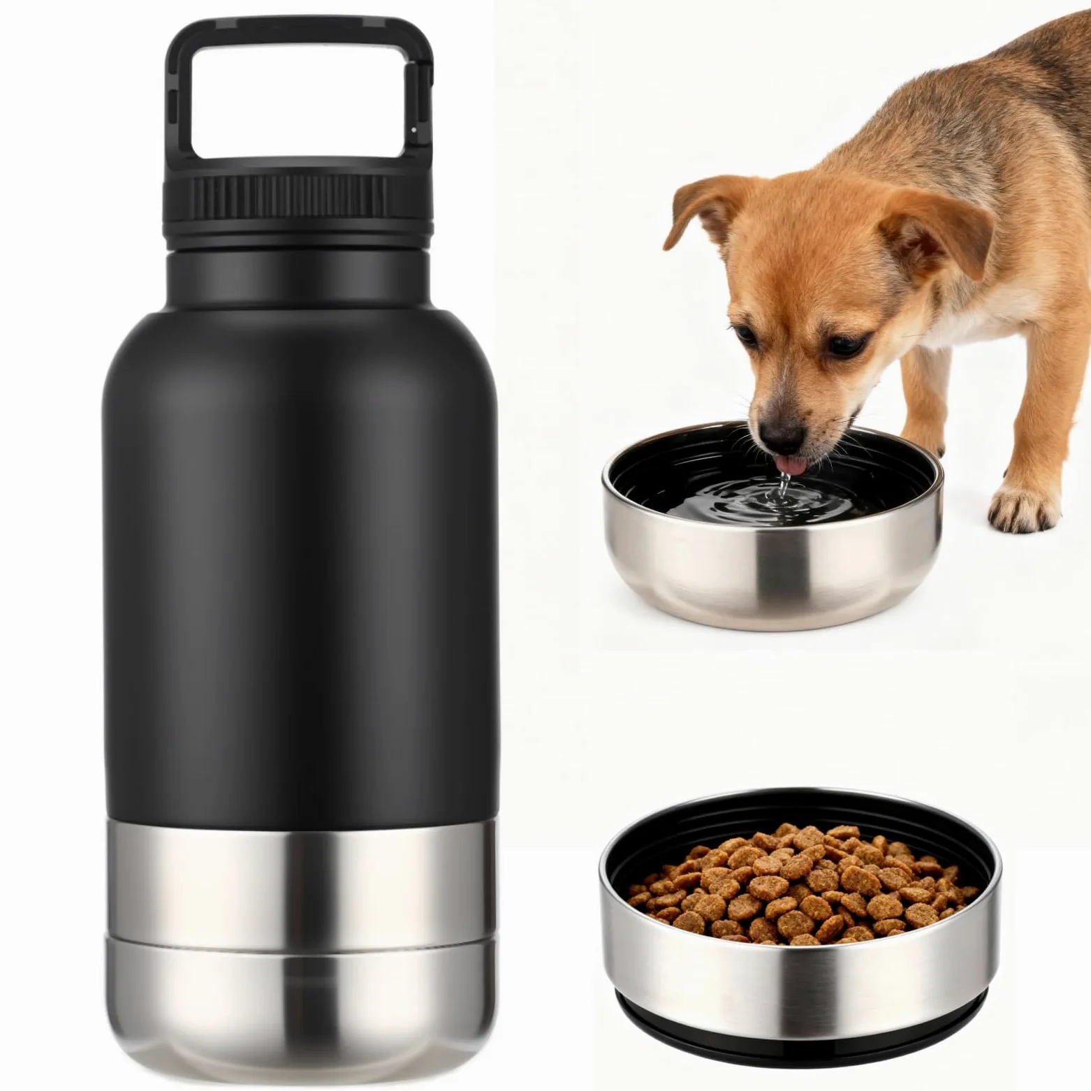 Borraccia 3 in 1 per cani, 1000 ml, in acciaio inox, con 2 ciotole staccabili, per viaggi, passeggiate, escursioni, attività all'aperto