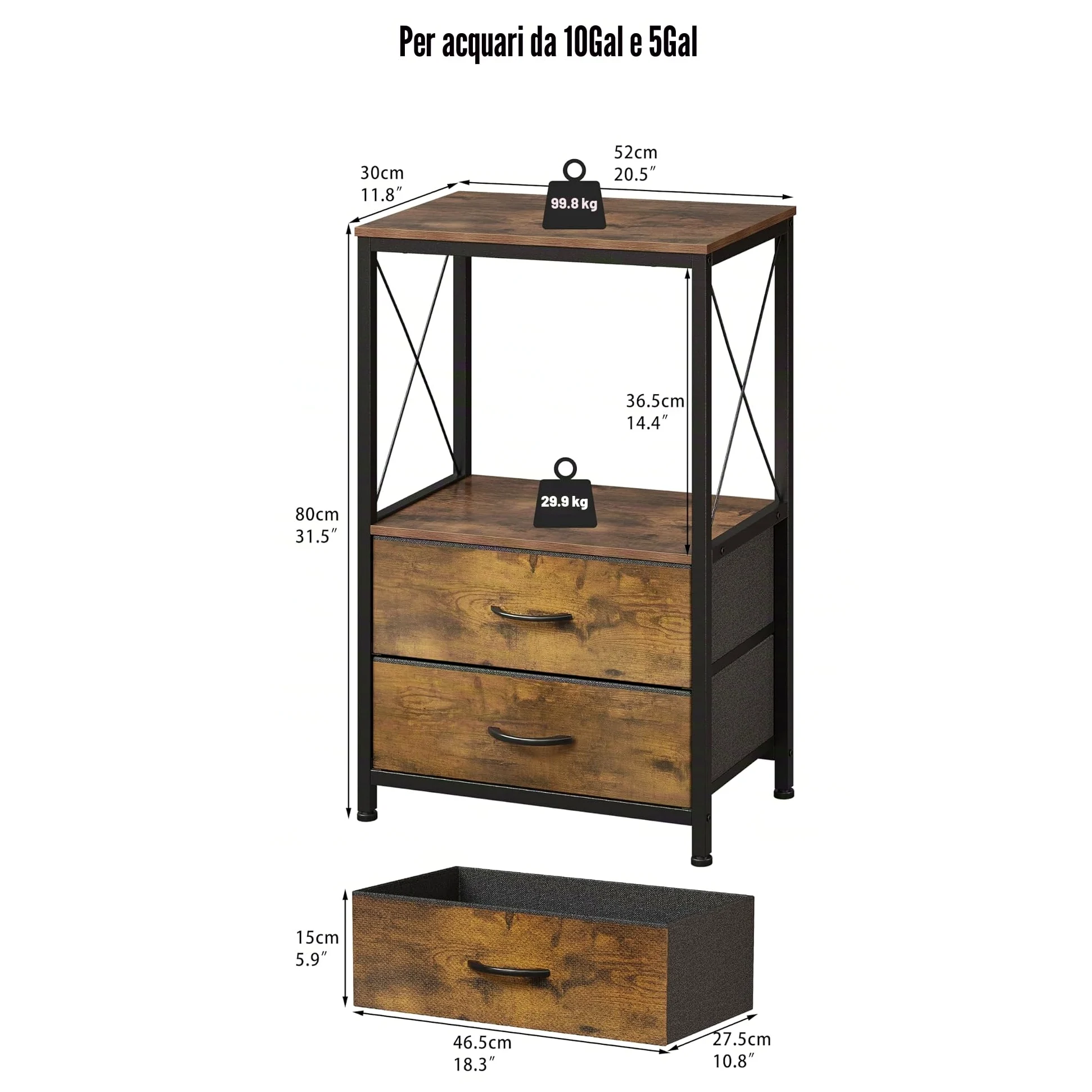 Supporto per acquario, 38 l, con 2 cassetti, per acquario, per 40 l, per pesci e tartarughe e rettili, 2 piani, colore marrone rustico