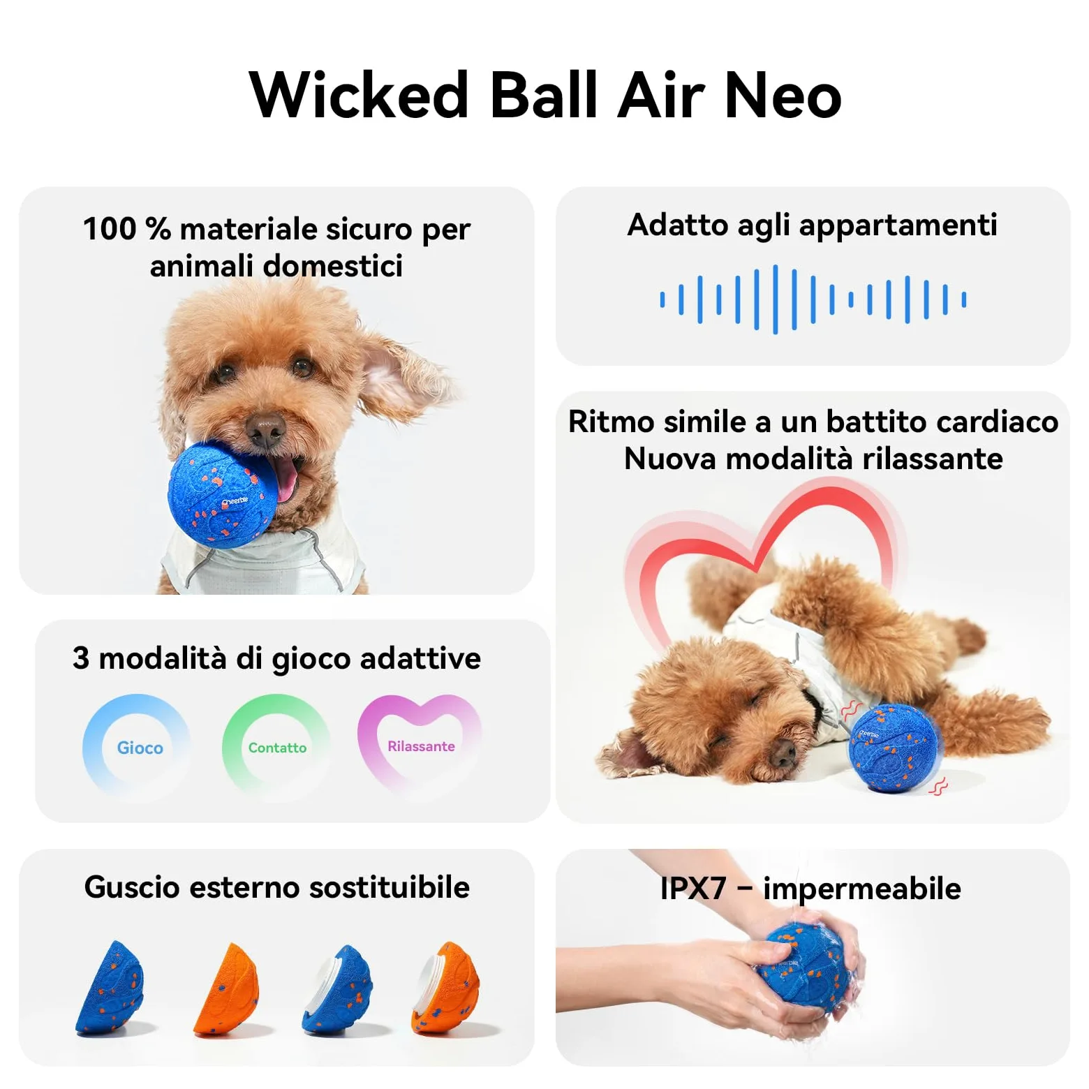 Cheerble Wicked Ball AIR Neo, palla autoavvolgente con 3 modalità, giocattolo intelligente interattivo per cani, per saltare, blu