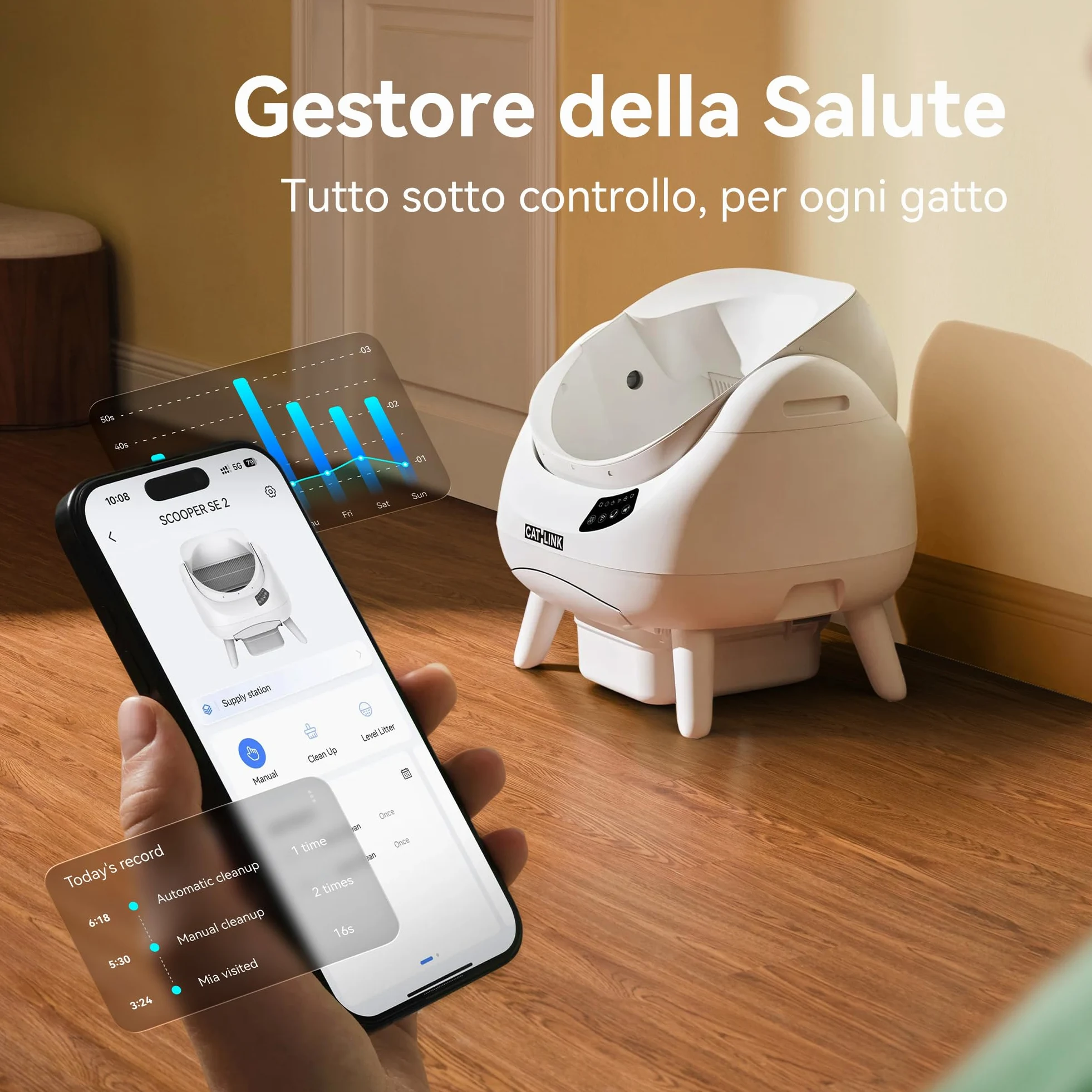CATLINK Lettiera Autopulente per Gatti, Design Aperto con Ingresso dall'Alto, Wi-Fi 5 GHz, Capienza XL 12L, Compatibile con Tutti i Tipi di Sabbia, Ideale per Famiglie con Più Gatti(Bianco)