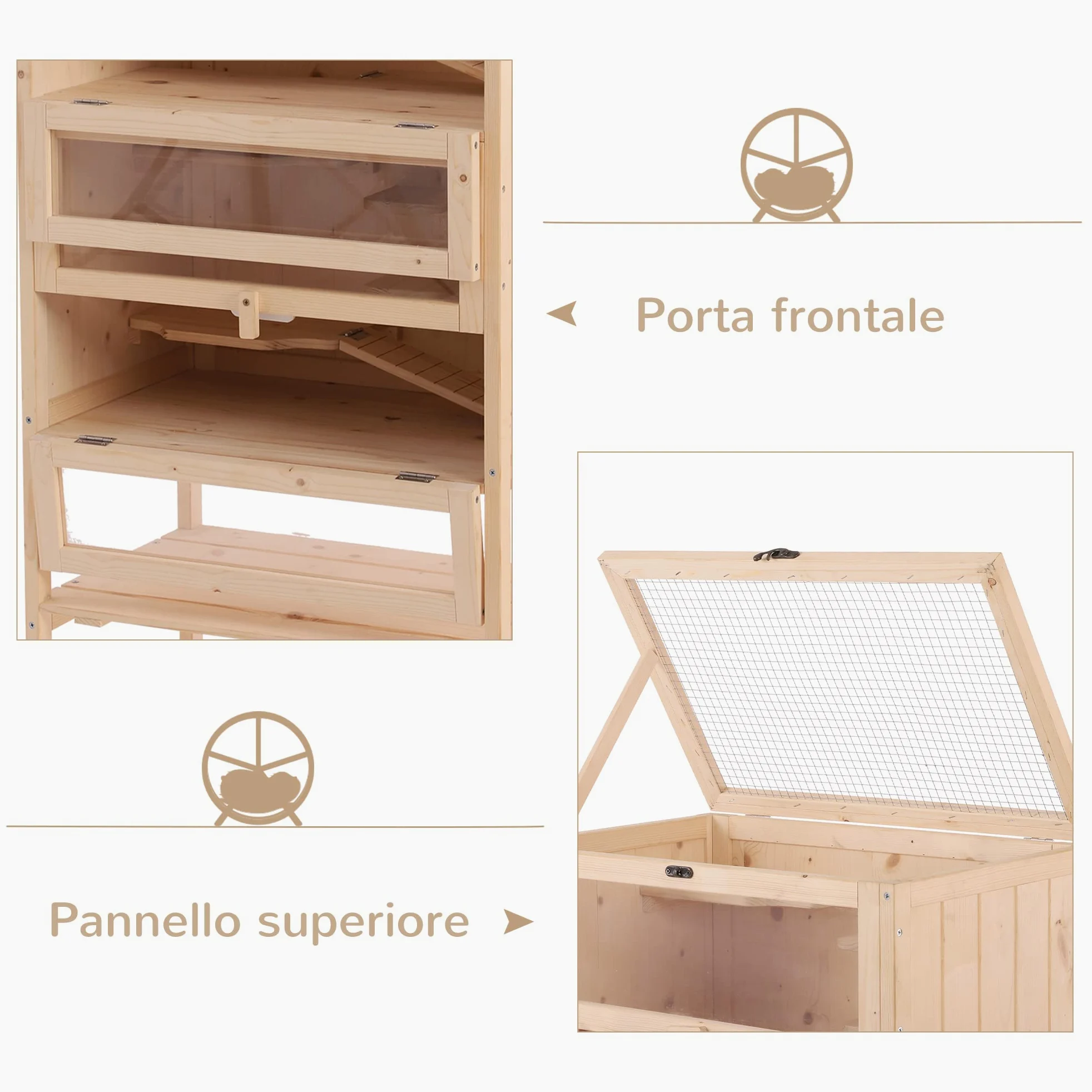 PawHut Gabbia per Roditori e Criceti a 4 Ripiani con Tetto Apribile in Legno 60x40x120cm