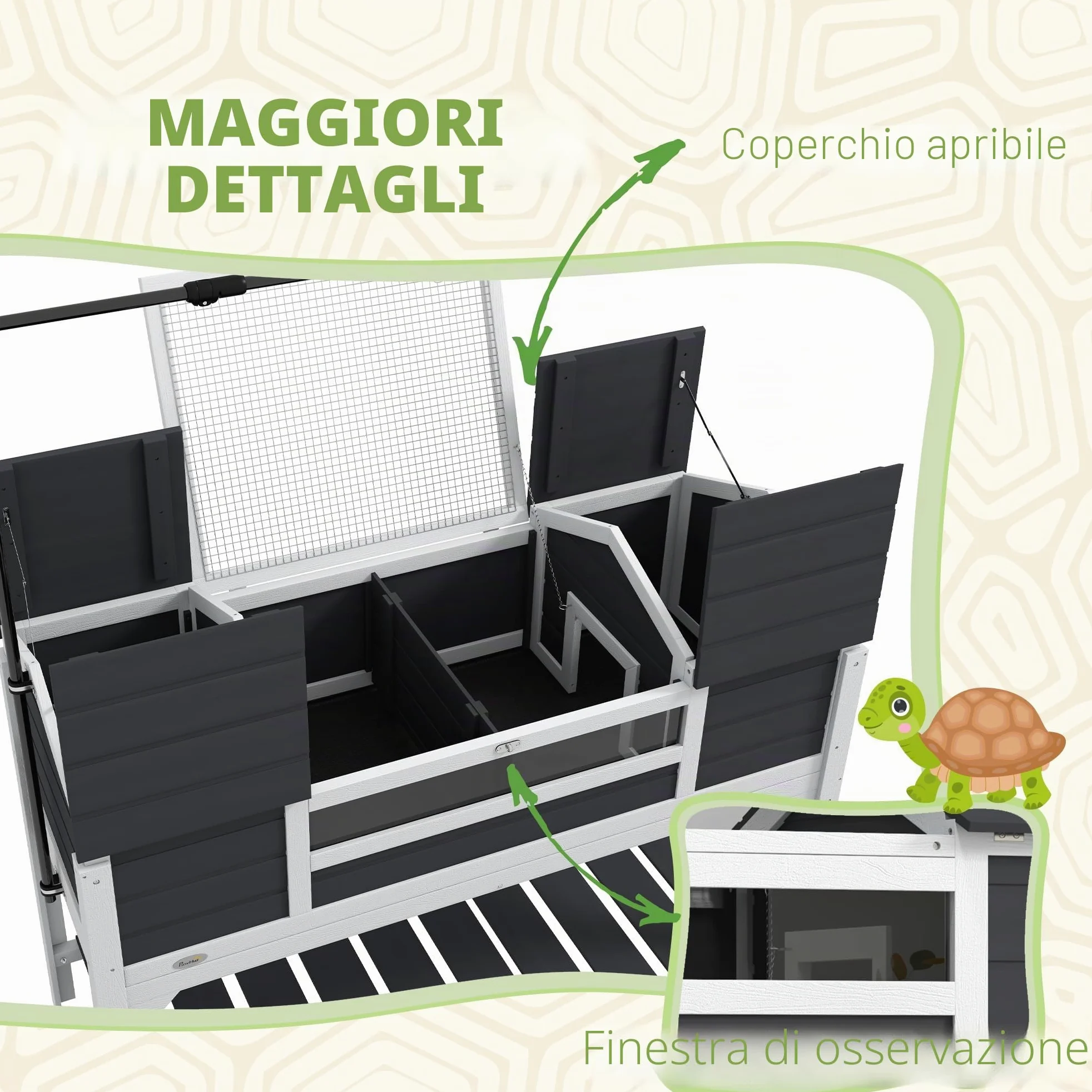 PawHut Casetta per tartarughe di terra da esterno, recinto in legno per tartarughe, 2 nicchie, portalampada regolabile, tetto apribile, gabbia per tartarughe di terra, finestra in acrilico