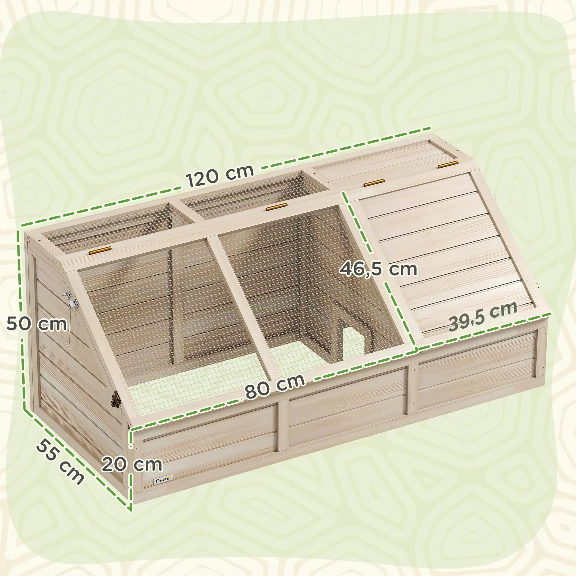 PawHut Casa in Legno per Tartarughe, recinto esterno per piccoli animali con coperchio apribile, fermi e 2 spazi separati, senza fondo, 120 x 55 x 50 cm, legno naturale