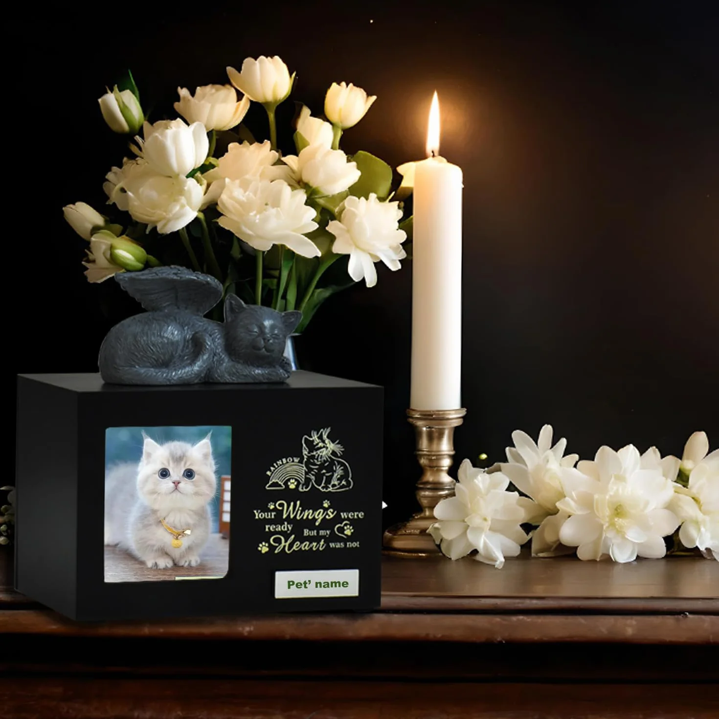 Urne per gatti personalizzate di woodurn in legno nero con foto, scatola per ceneri di animali domestici con capacità di 175 pollici cubi