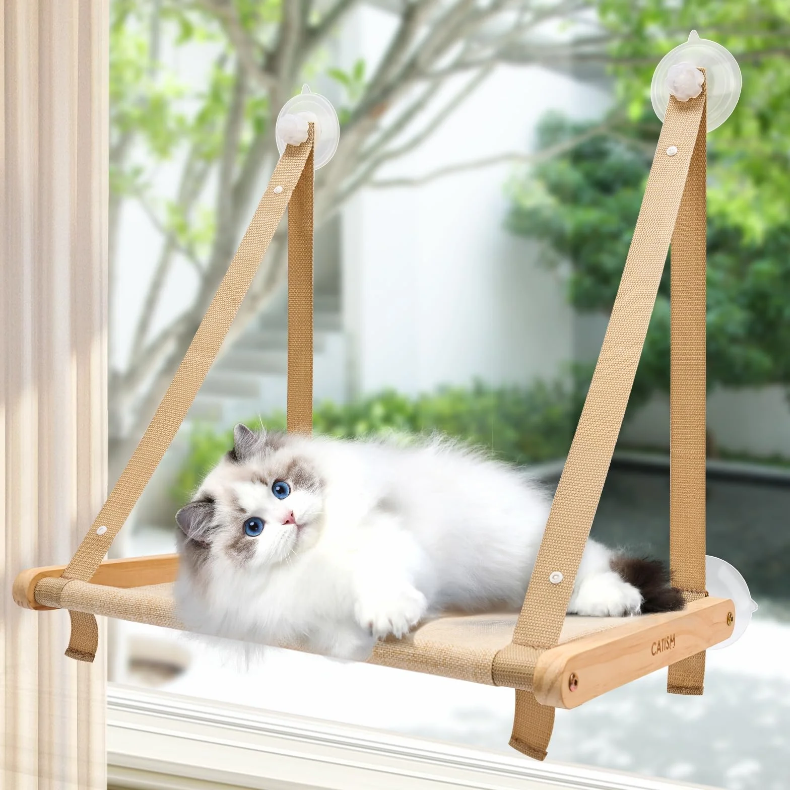 CATISM Amaca pieghevole per gatti fino a 20 kg, rinforzata con ventosa forte, lavabile, traspirante, supporto per davanzale, sacco a pelo (50 x 38 cm)