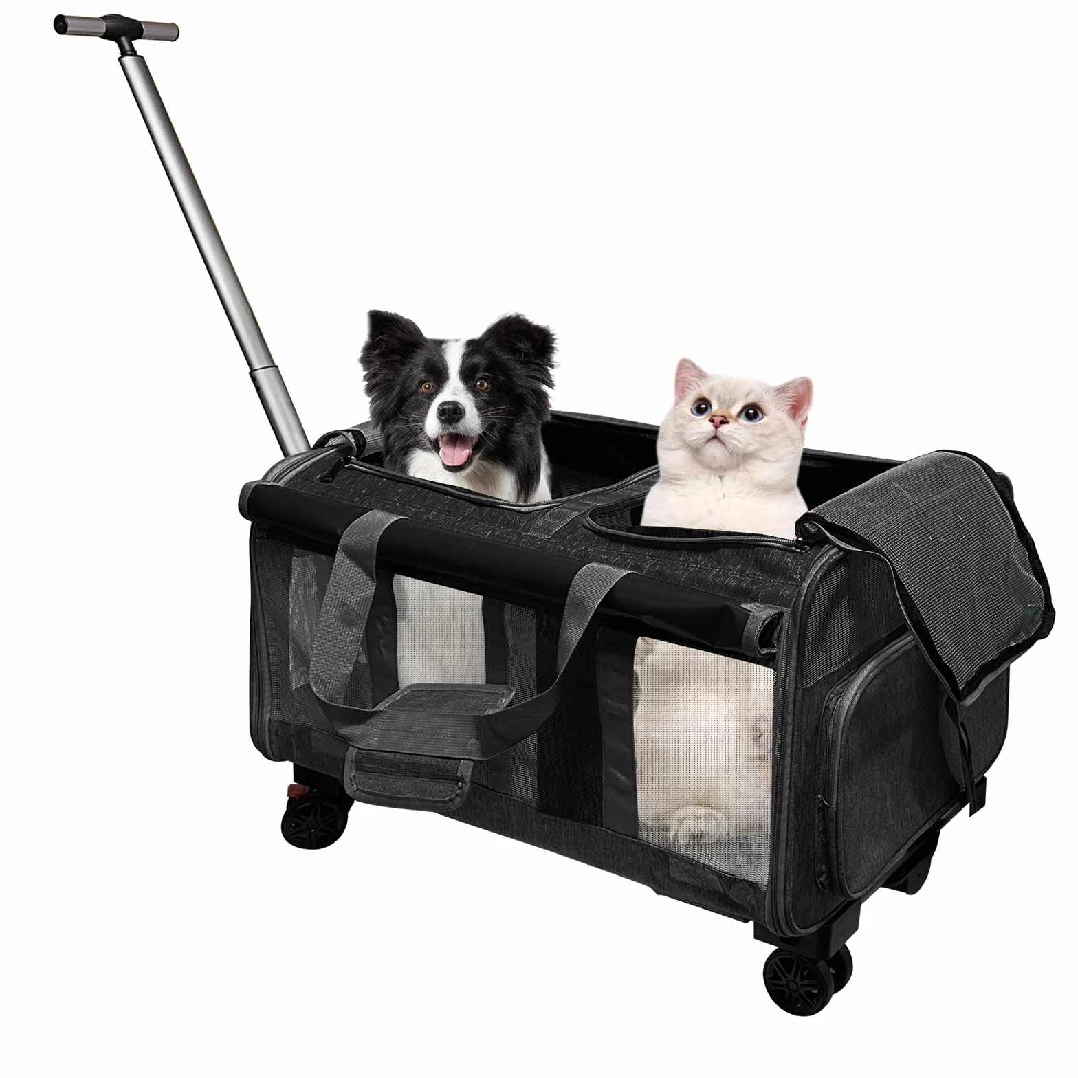 Trasportino per 2 Gatti/Cani, con 2 Cabine + 4 Ruote + Manico Telescopico, Trasportino Pieghevole per Gatto Grande fino a 20 kg, Ideale per Visite Veterinarie, Viaggi in Auto (Nero)