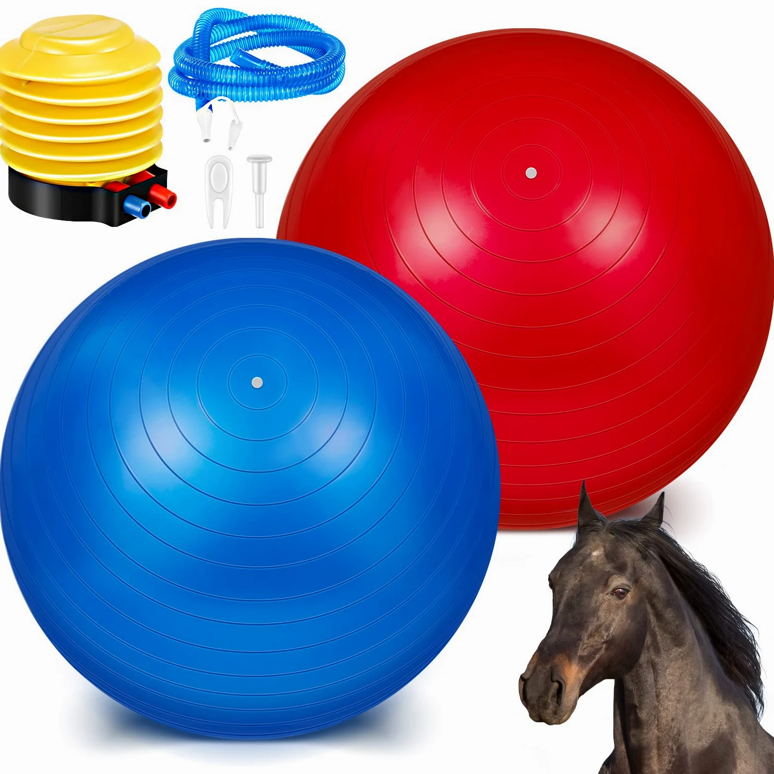 Sotiff 2 palline per cavalli da 101 cm per giocare, grandi palline da pastore per cavalli, anti-scoppio, gigante, giocattolo per cavalli, con pompa inclusa (blu e rosso, 100 cm)