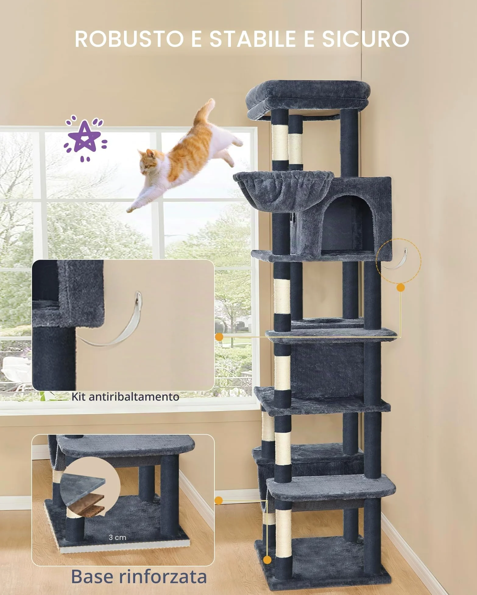 Hzuaneri Albero per Gatti, tiragraffi per gatti adulti 210 cm, xxl, giochi per gatti, Lavabile, trespolo per gattis con 2 Grotte, 8 Tiragraffi, Cestini, Amaca, Pompon, Grigio Scuro MS21018SG