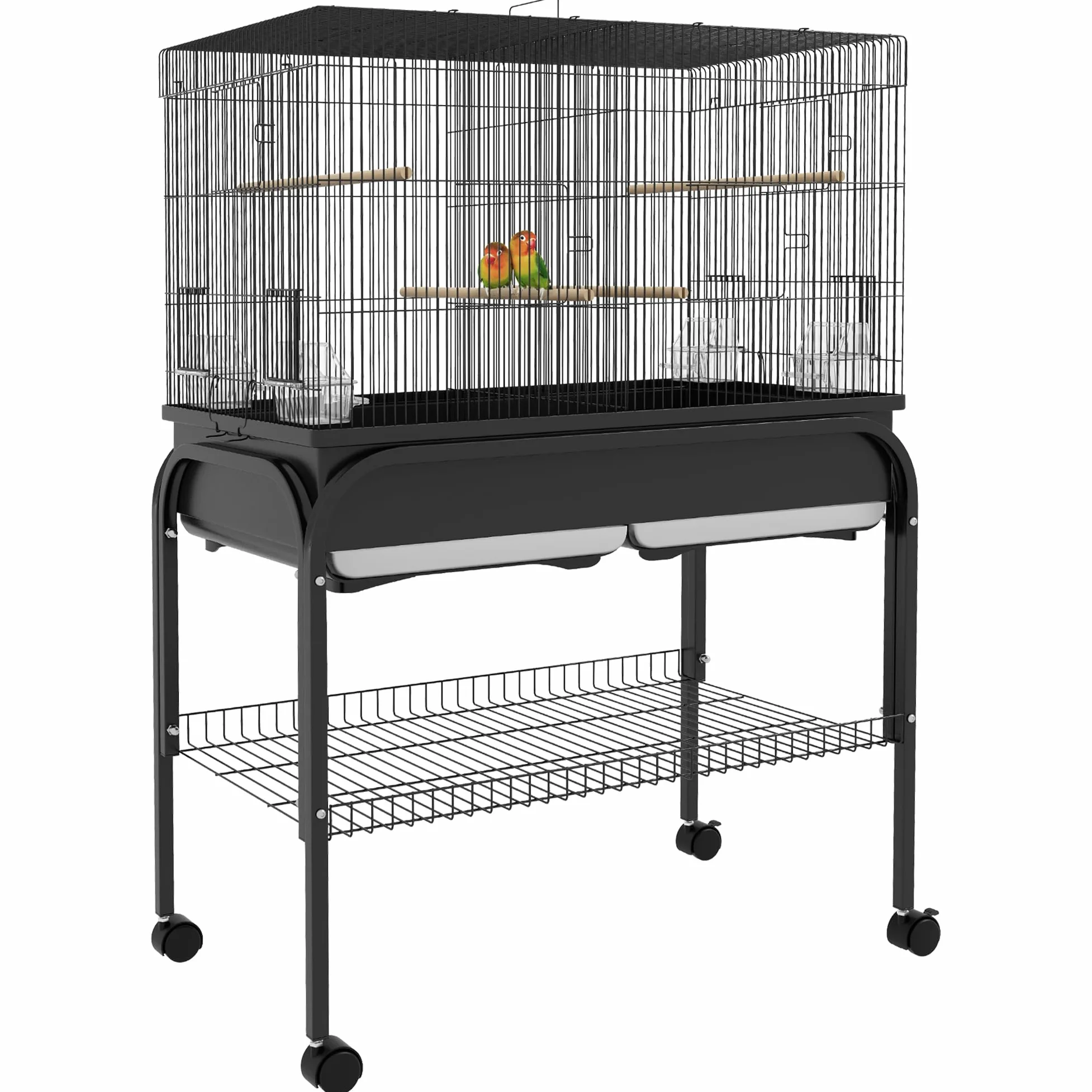 PawHut Gabbia per Uccelli da Interno con Vassoio, Ripiano e Ruote, Voliera in Acciaio per Cocorite, Canarini, Calopsitte e Pappagalli, 85x49x119 cm, Nero
