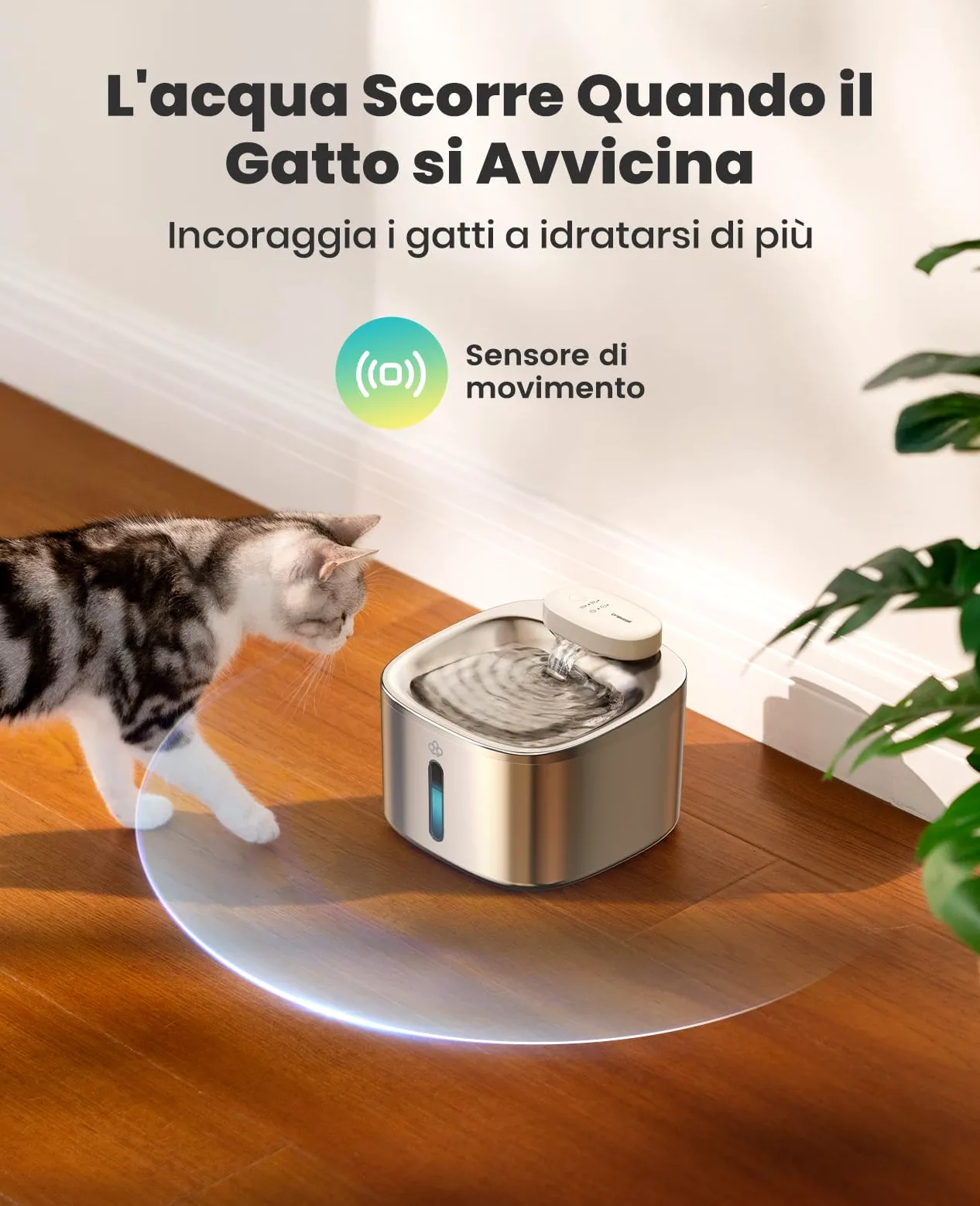 oneisall Fontana per gatti senza fili, Fontana per gatti da 3,5L in acciaio inox, batteria da 5000 mAh, fontanella per gatti con rilevatore di movimento, pompa dell'acqua silenziosa, 3 filtri