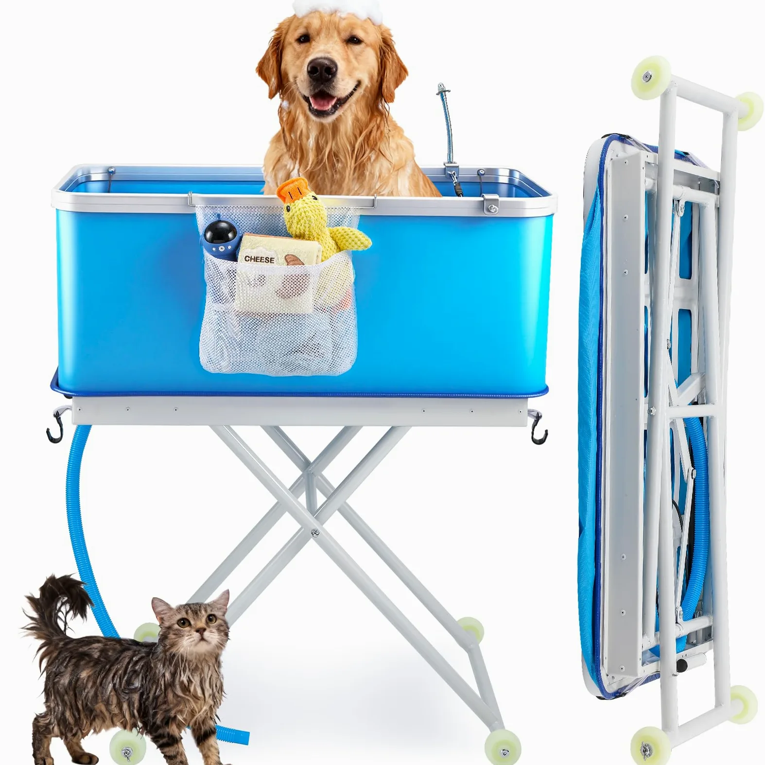 NEWTRY Grande vasca da bagno pieghevole con scarico, carico massimo 80 kg, regolabile in altezza, ruote bloccate, adatta per cani e gatti di piccola e media taglia (blu)
