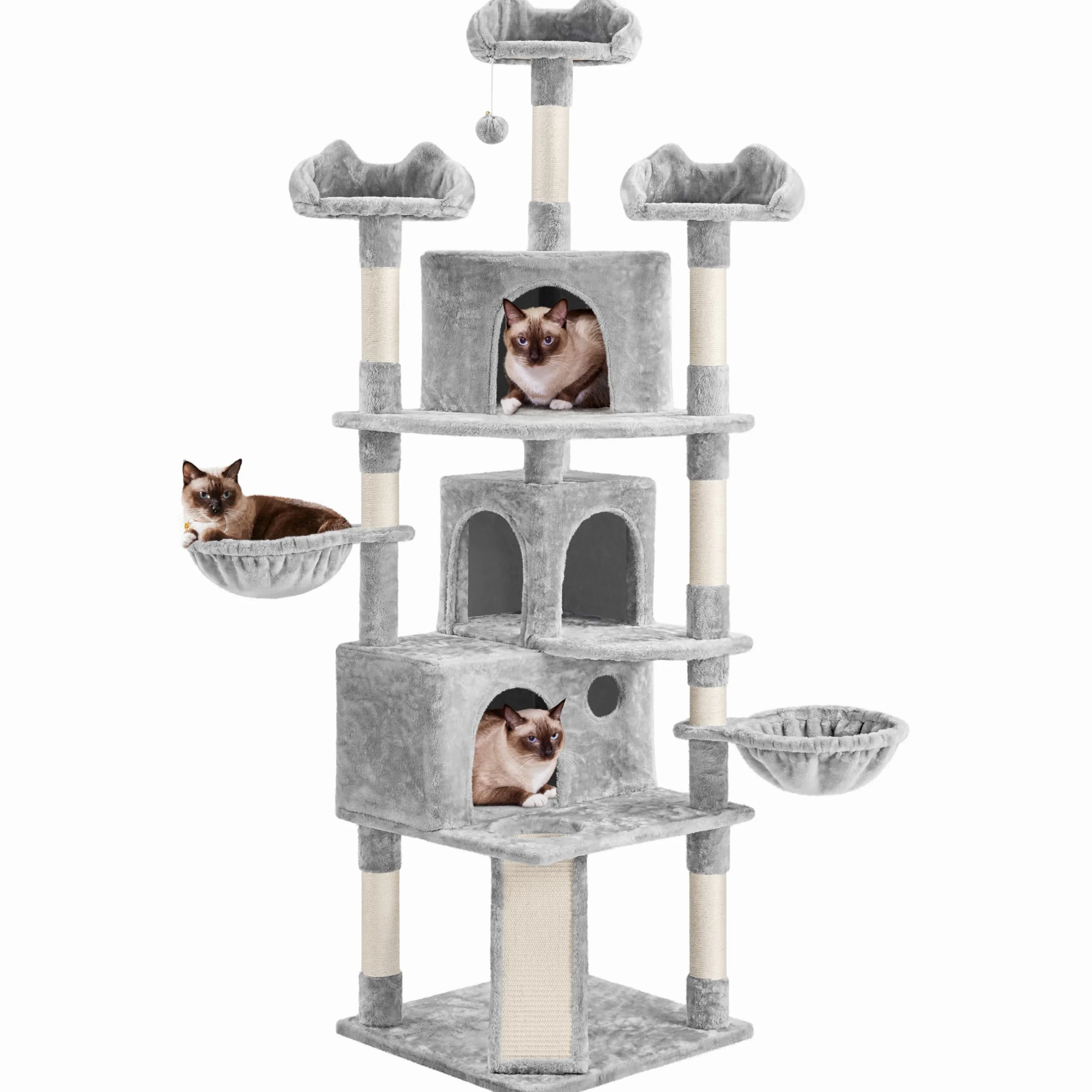 Yaheetech Albero Tiragraffi per Gatti Altezza 194 cm in Truciolato e Corda in Sisal con 3 Casette Rampa e Ceste Multilivello Grigio Chiaro