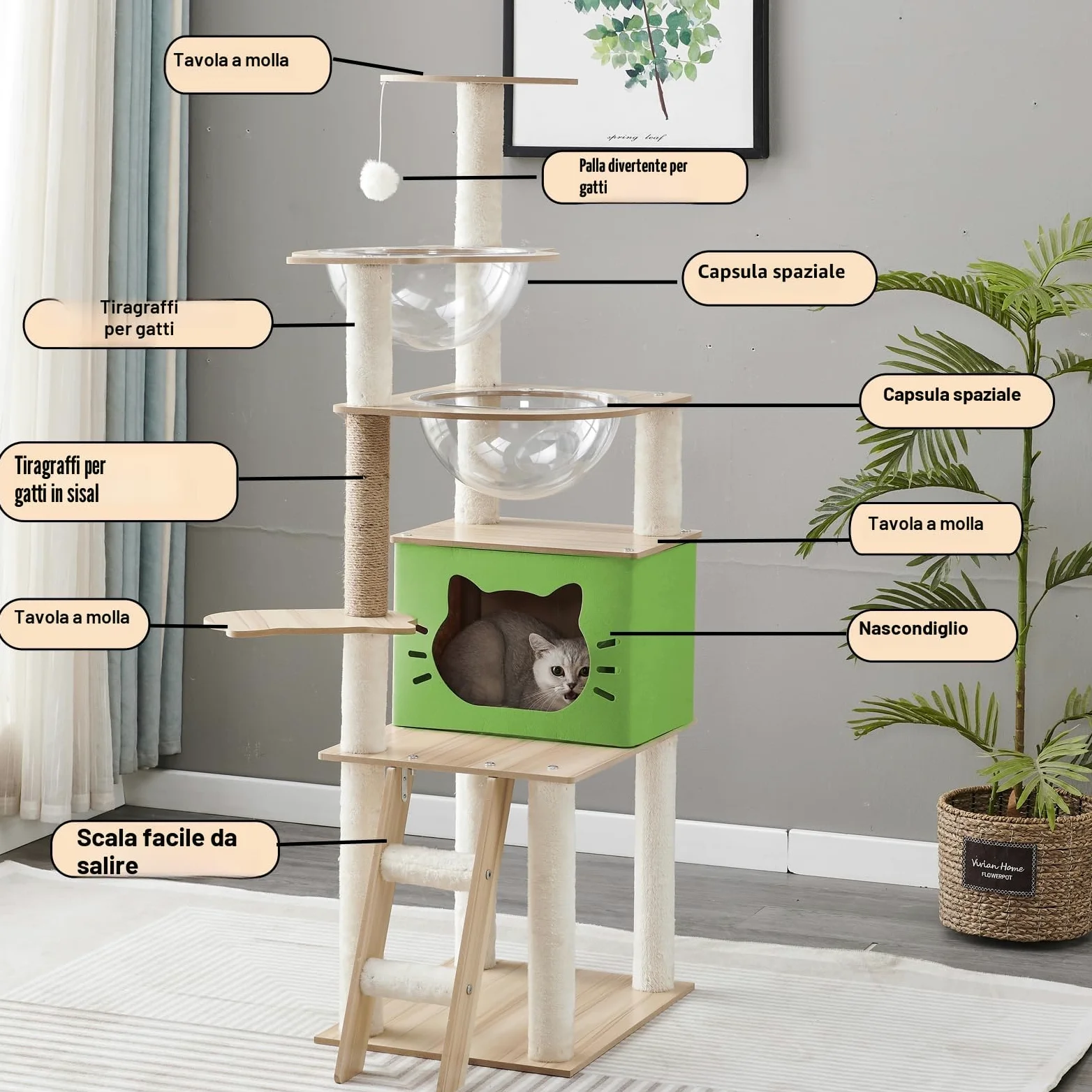 Tiragraffi per gatti,Con Cuccia gatto,2 Capsula spaziale trasparente,Gioco per Palla,Trespolo per Piattaforma,Scala per,Tiragraffi per gatti adulti(145CM)