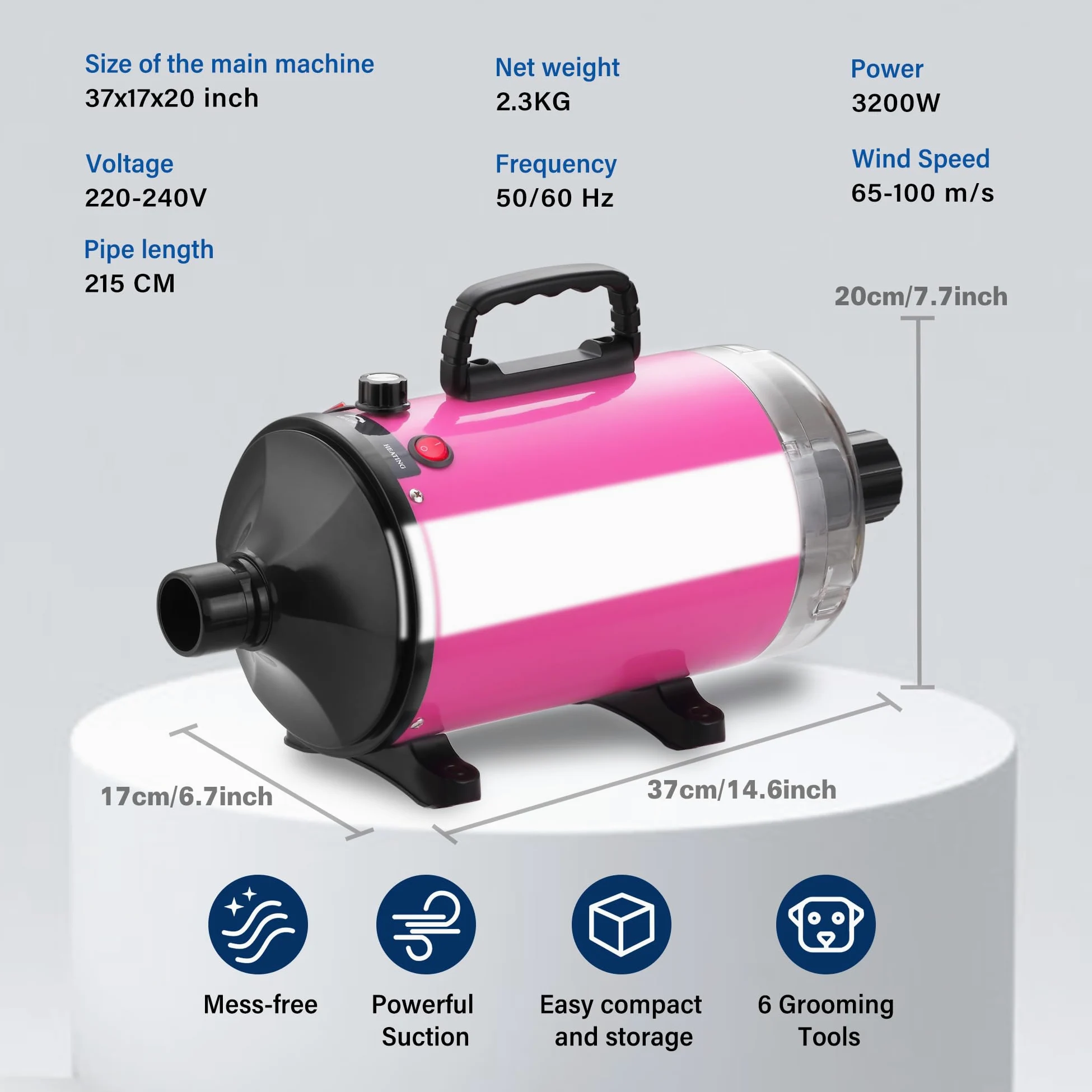 DEWINNER 3200W Asciugacapelli per Cani| Toelettatura e Aspirazione a Vuoto| Flusso d'aria e temperatura regolabili| Dotato di 5 Tubo Elastico| 1 Tubo Elastico e Spazzola per la Cura| Rosa