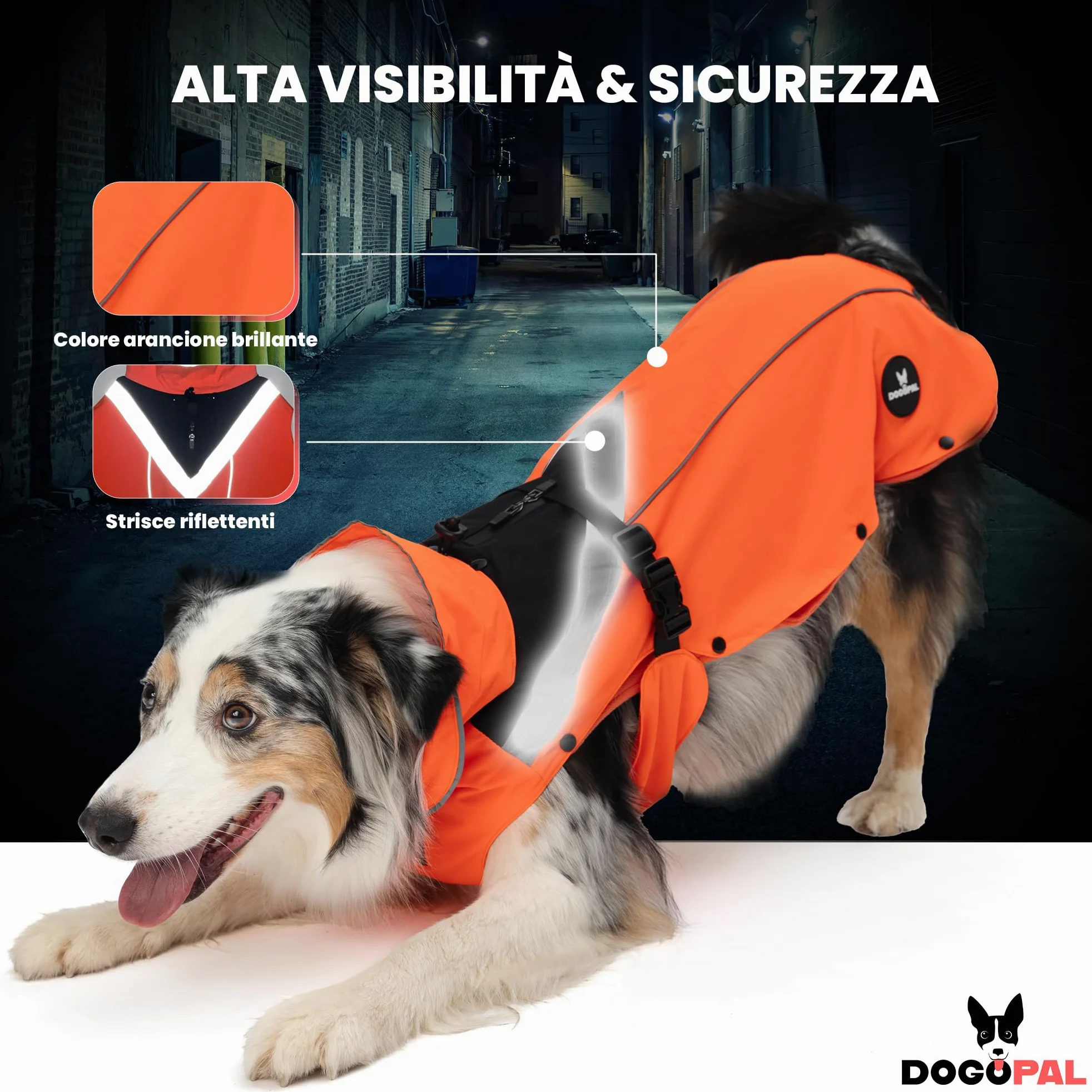 DOGOPAL Cappotto Impermeabile per Cani 2in1 All Weather – Mantello Antipioggia 100% Waterproof e Antivento con Fodera in Pile Rimovibile, Catarifrangente ad Alta Visibilità (Arancione, L)