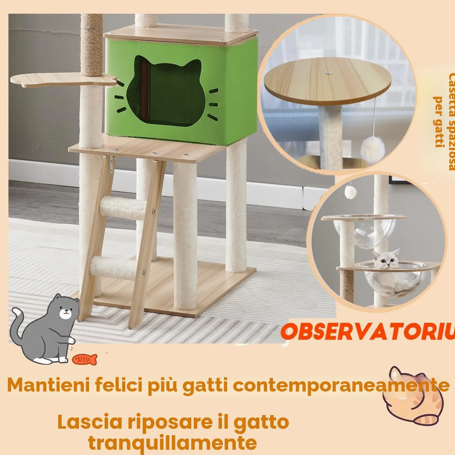 Tiragraffi per gatti,Con Cuccia gatto,2 Capsula spaziale trasparente,Gioco per Palla,Trespolo per Piattaforma,Scala per,Tiragraffi per gatti adulti(145CM)