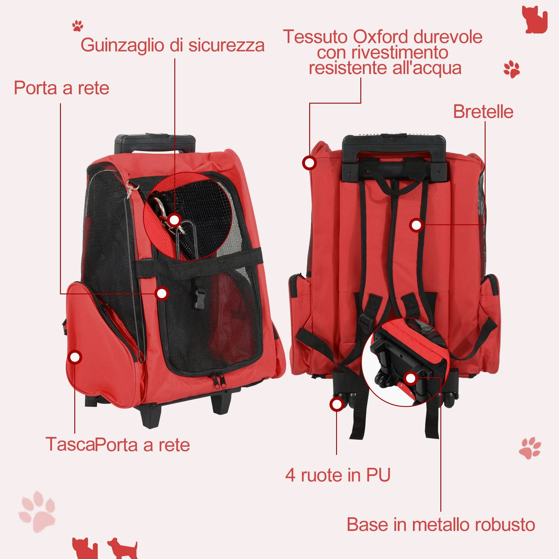 PawHut Trasportino Zaino 2 in 1 per Cani e Gatti con Tasche Laterali, Maniglia Telescopica e Ruote, 42x25x55cm, Rosso