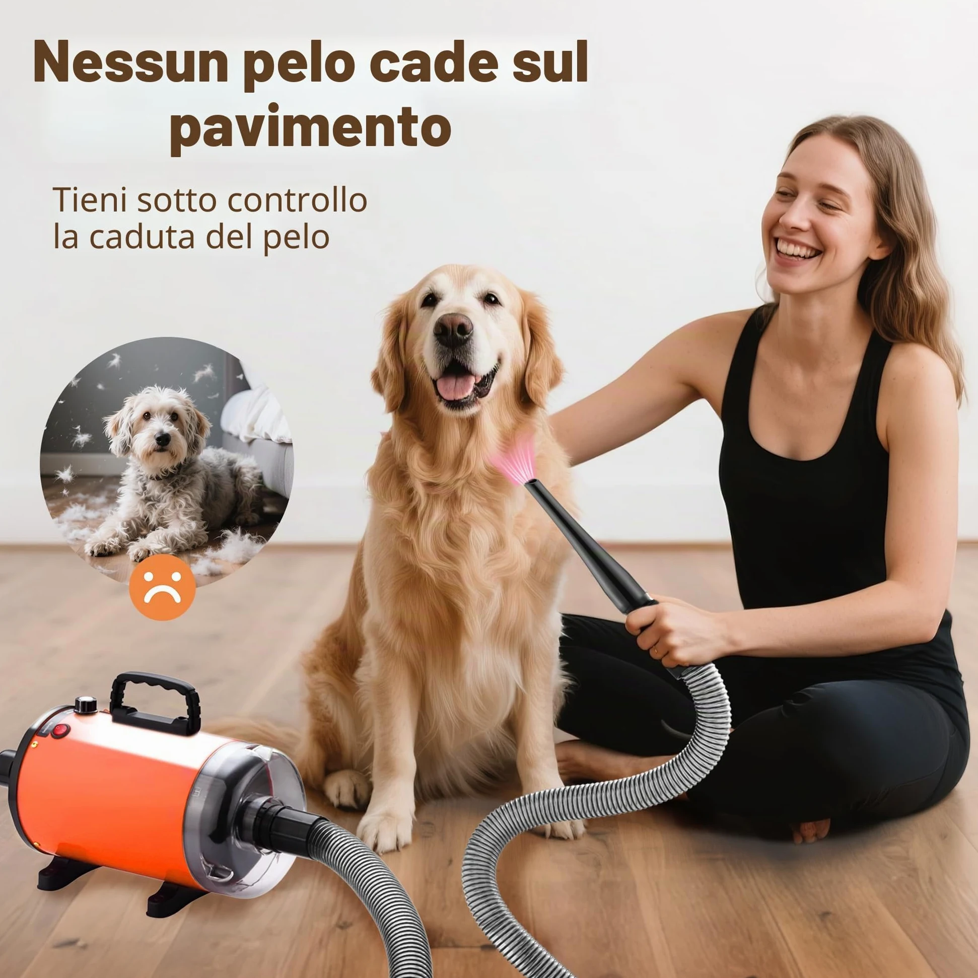 DEWINNER 2 in 1 Asciugacapelli Professionale per Cane, Blower 3200 W con Aspirapolvere, Velocità e Temperatura Regolabili, Silenzioso, 5 Ugelli, Tubo Elastico + Spazzola