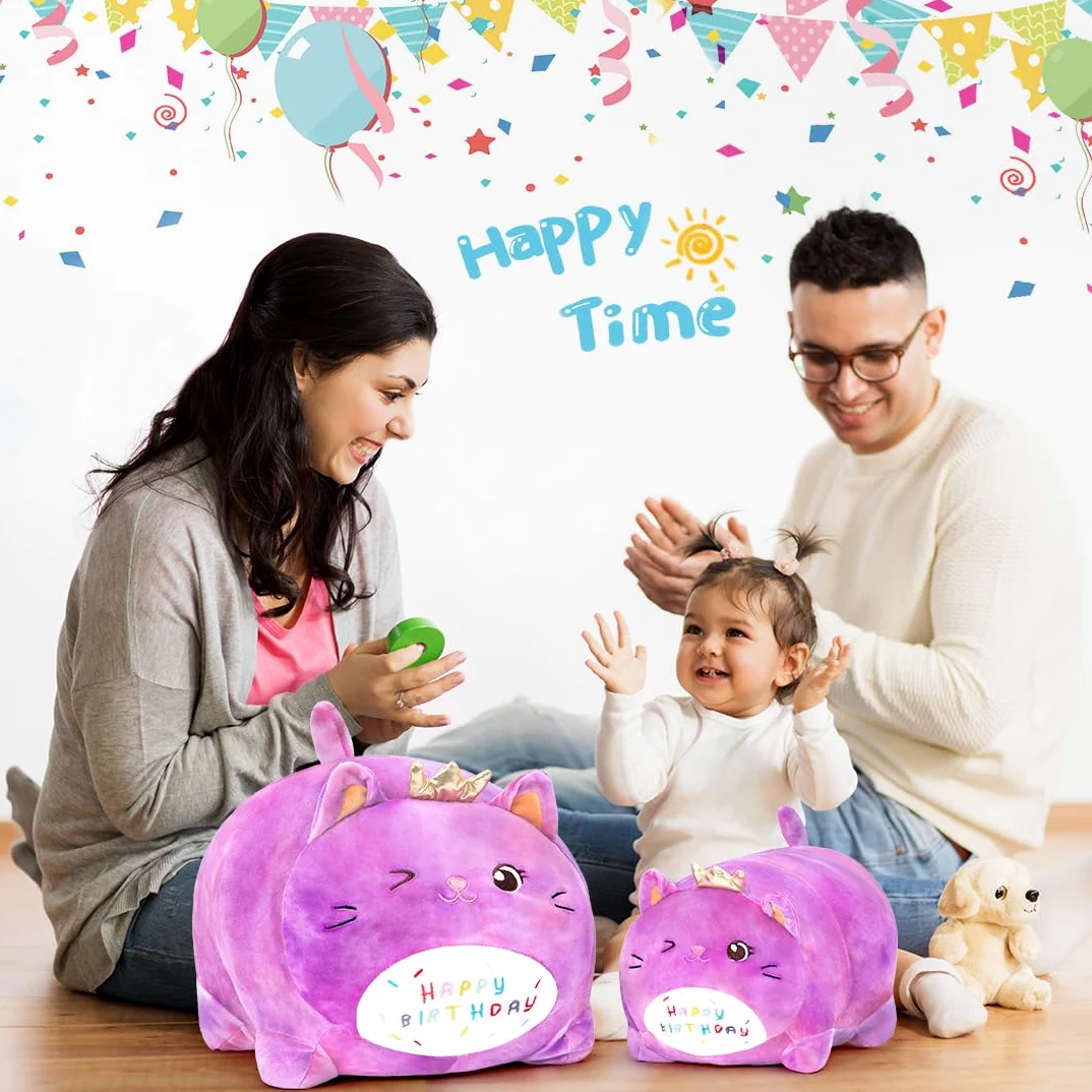 Peluche Gatto Compleanno - Giocattolo Morbido con Scritta 'HAPPY BIRTHDAY', Regalo Personalizzabile per Bambini Adulti (25CM,Viola)