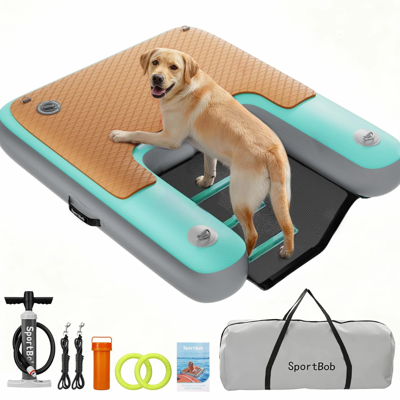 Rampa Gonfiabile per Cani 120 x 100 cm, Resistente agli Strappi e Durevole, Adatta a Cani Fino a 100kg, Ideale per l'Estate, la Piscina, le Barche, i Pontili e i Laghi