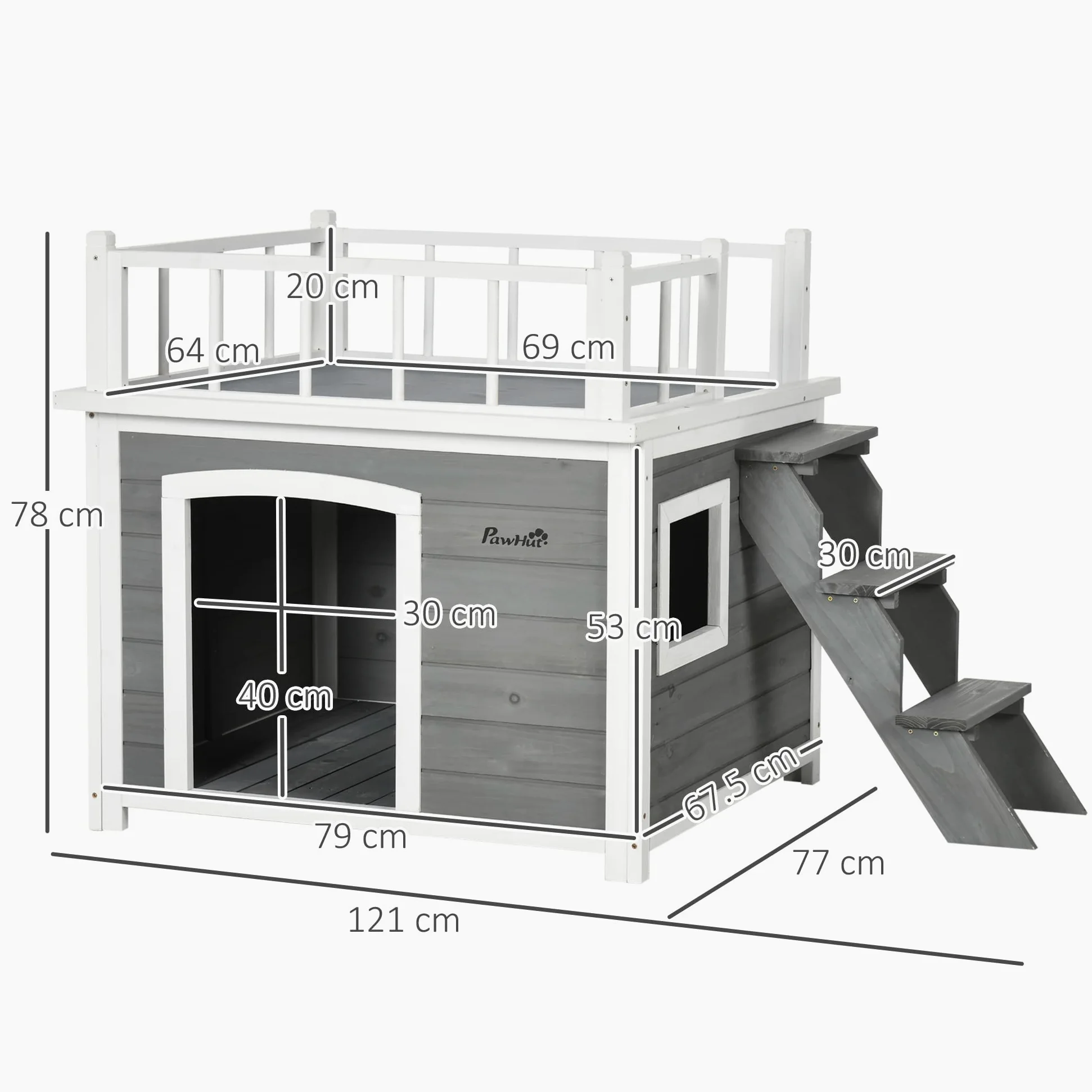 Pawhut Casetta per Cani di Piccola e Media Taglia con Terrazza, Scaletta e Finestra,121x77x78cm, Grigio chiaro
