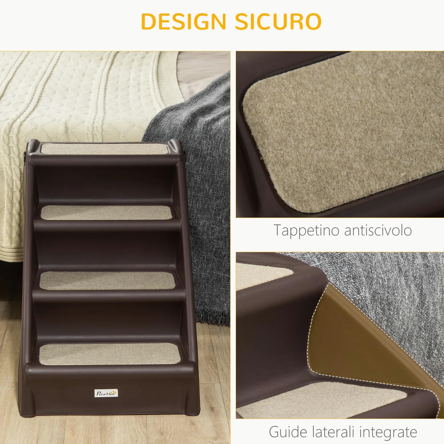 PawHut Scaletta per Cani Pieghevole con 4 Gradini Antiscivolo, Scala per Animali Domestici fino 10 kg in PP, 62x38x49.5cm, Marrone Scuro