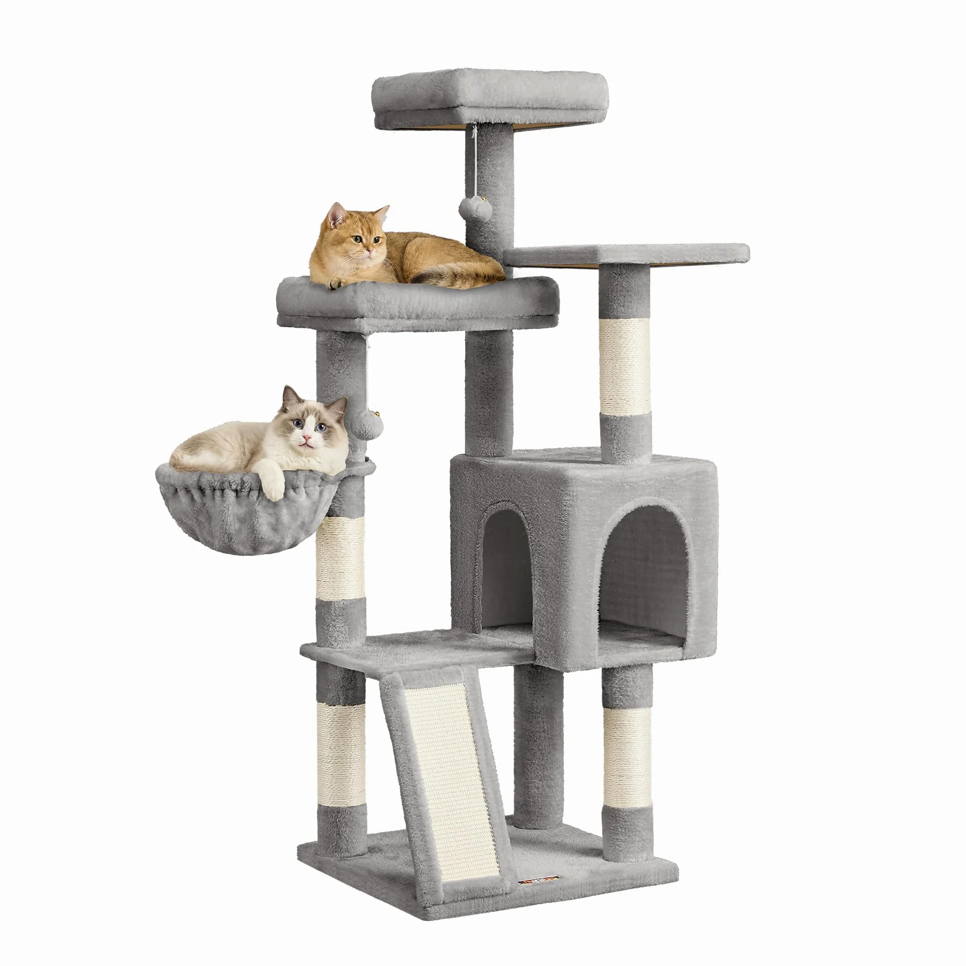 Feandrea Albero Tiragraffi, Torre per Gatti con Pali e Rampa Graffiatoio, 3 Grandi Piattaforme, 1 Cuccia, 1 Cestino, 2 Pompon, Altezza 136 cm, Grigio Tortora PCT012GD01