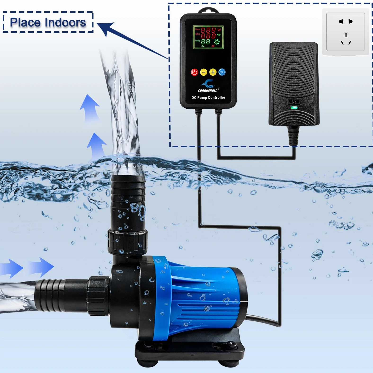 CONQUERALL CHS-3500 DC 24V DC 20W Pompa per acqua a flusso regolabile 920GPH(US) 14.7FT Pompa a ritorno controllato Adatto per idroponica, acquari, cascate, laghetti koi, allevamento koi, fontane