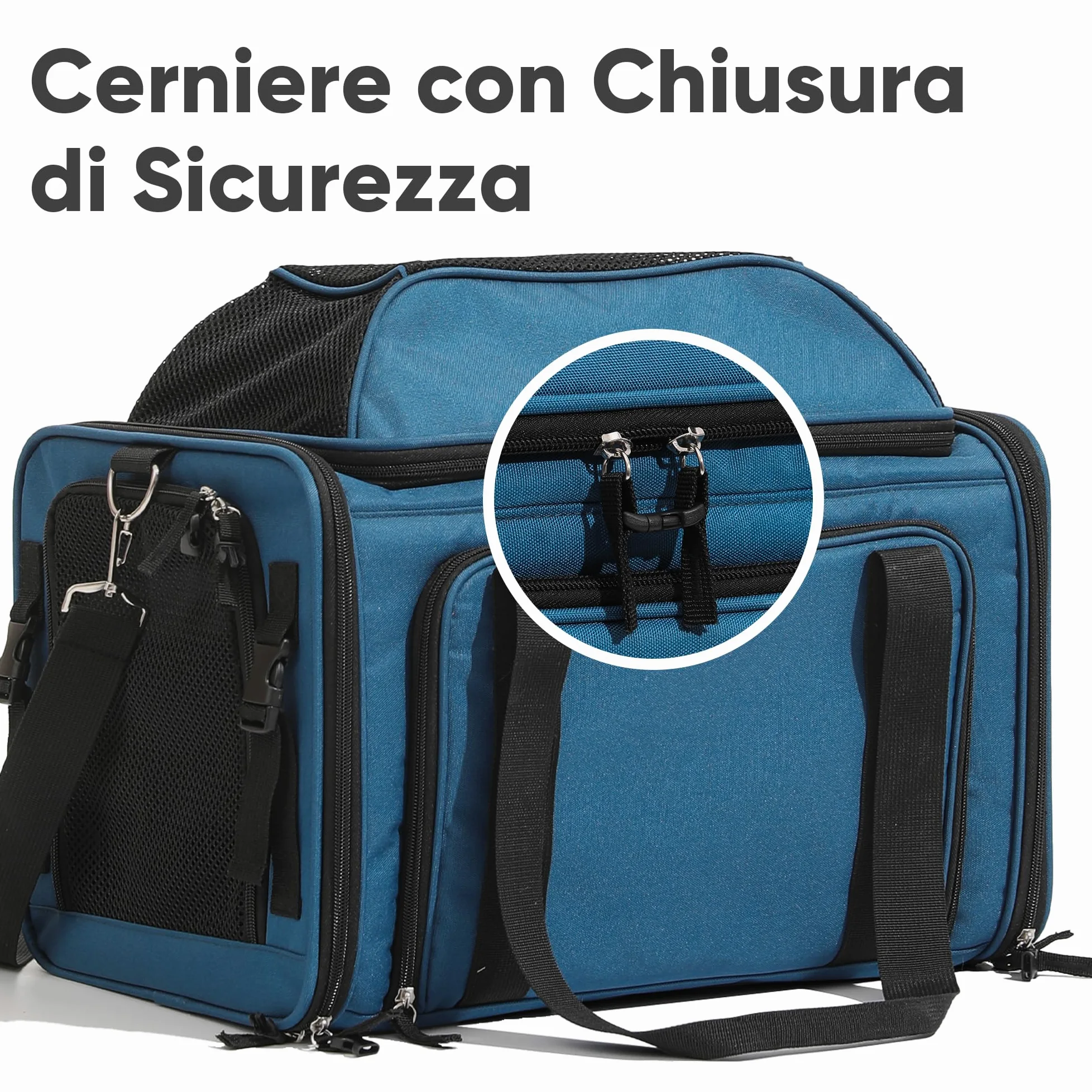 FUKUMARU Trasportino Gatto Espandibile, Morbido e Ventilato, Approvato Compagnie Aeree, Trasportino Cane Piccolo Resistente con Rete Antigraffio, Sicuro e Antifuga, Blu, 46x28x28 cm