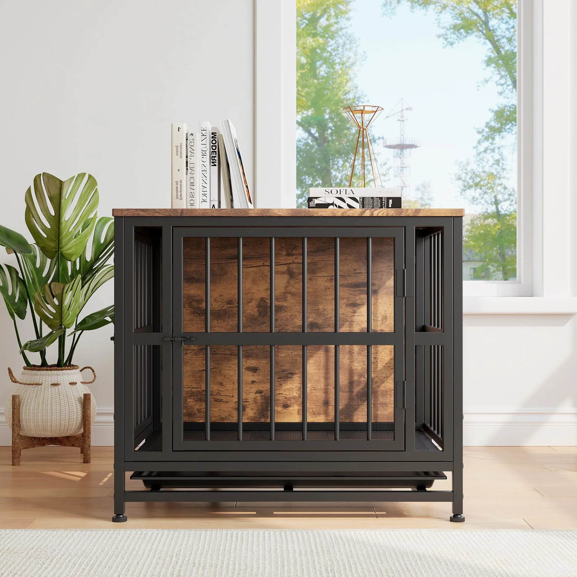 Gabbia per cani in legno robusto con 2 porte, vassoio rimovibile, tavolino resistente alla masticazione, marrone rustico 70 cm
