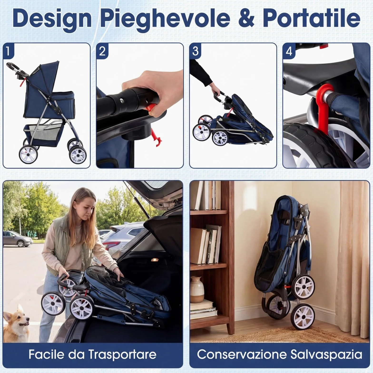 COSTWAY Passeggino per Cani Piccoli Pieghevole Facile, Carrozzina per Cani Portata Fino a 15 kg con Rete Traspirante e Copertura Impermeabile, Passeggino per Gatti per Viaggio (Blu)