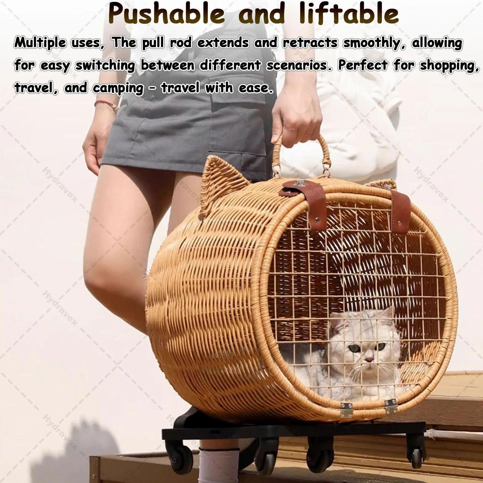 Passeggino per gatti in stile retrò, in rattan, con ruote e manico telescopico, ideale per viaggi, passeggiate e visite veterinarie