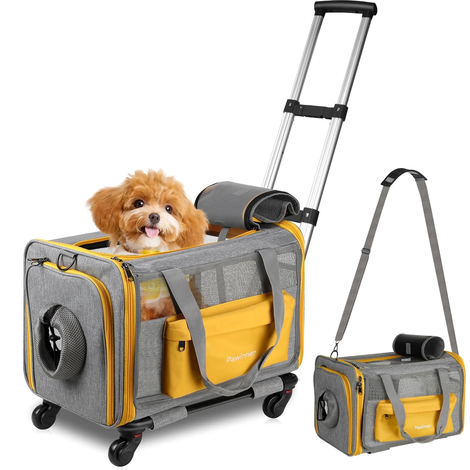 Trasportino per cani con ruote, 45 x 33 x 33 cm, con trolley per auto e aereo, pieghevole, traspirante, portatile, per cani e gatti fino a 9 kg
