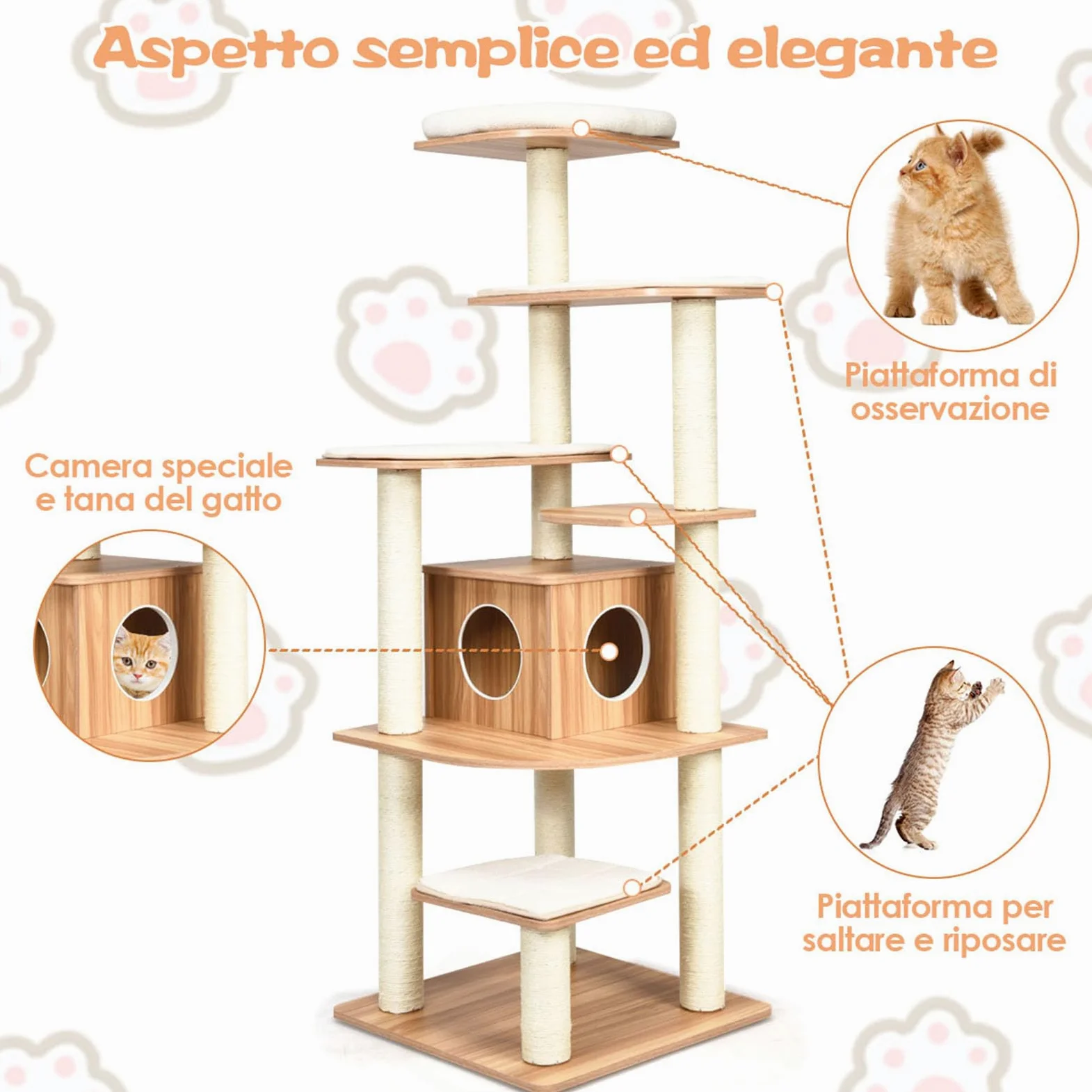 COSTWAY Tiragraffi per Gatti 176cm, Albero per Gatti Adulti XXL con Corda Sisal, Cuccia, Piattaforma e Cuscini, 86,5 x 86,5 x 176cm, Nero e Naturale