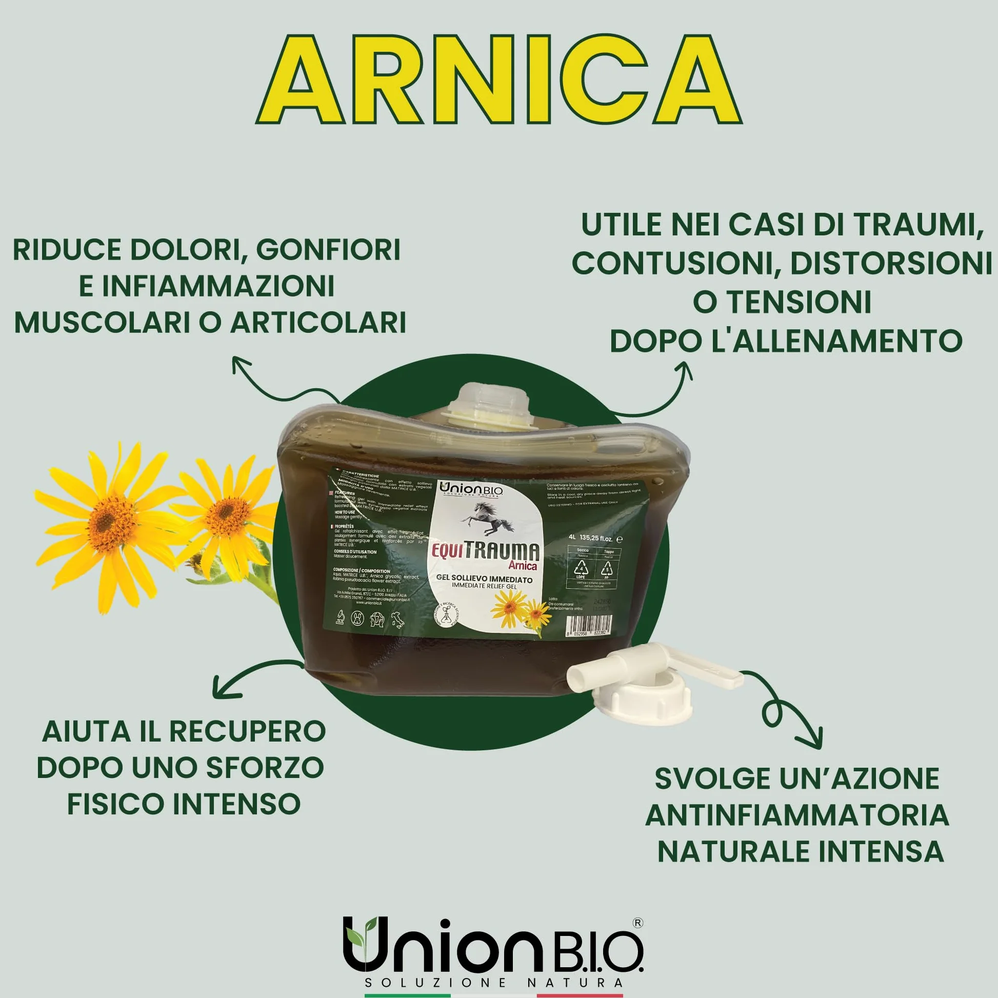 UNION B.I.O. SOLUZIONE NATURA Equitrauma Gel Arnica Montana per Cavalli e Uso Umano 4LT