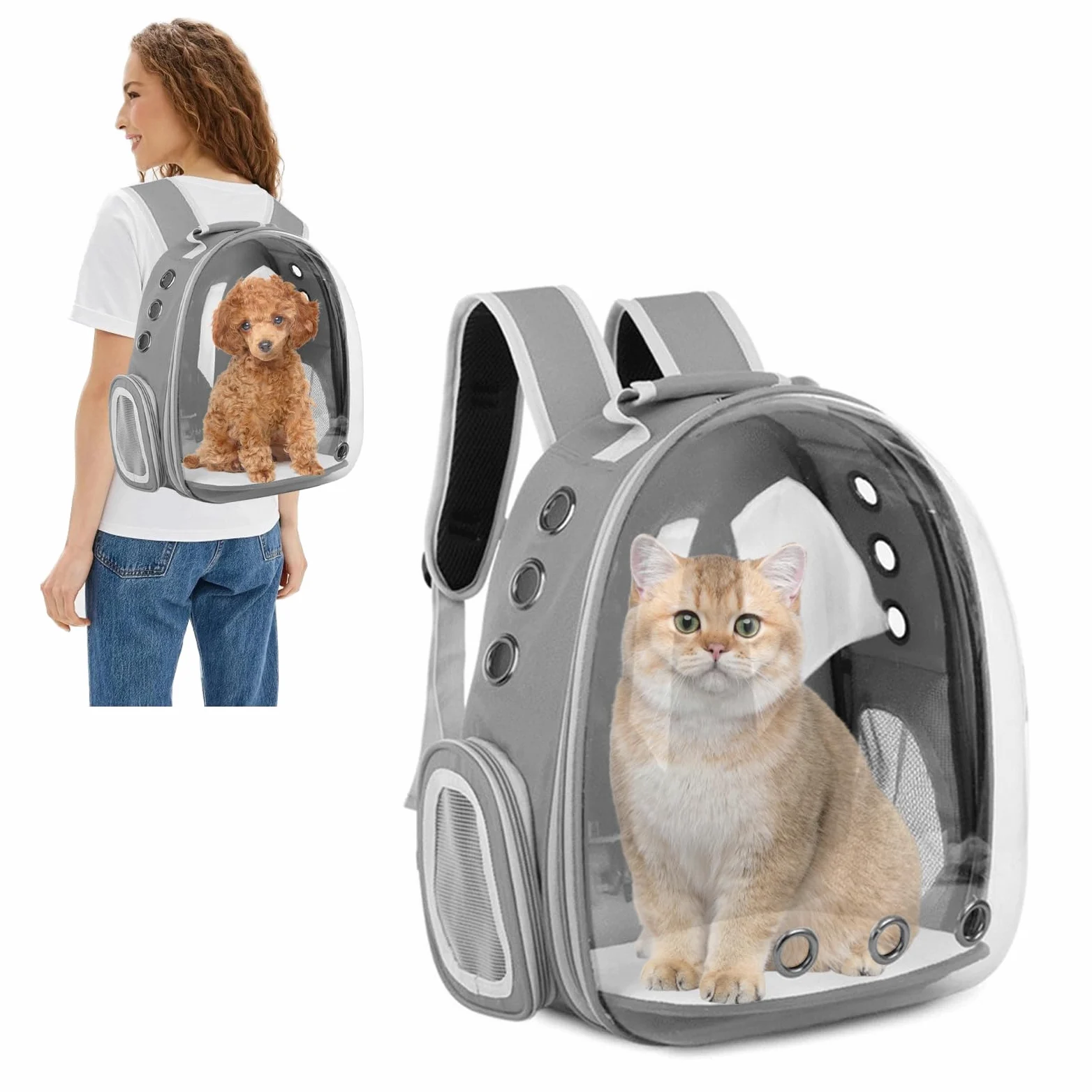 PETCUTE Portatili Trasportino per Animali Zaino Trasparente Zaino per Cani e Gatti con Cinghia di Sicurezza Interna,Capsula Spaziale da Viaggio, Ideale per Viaggi,attività all'aperto Grigio