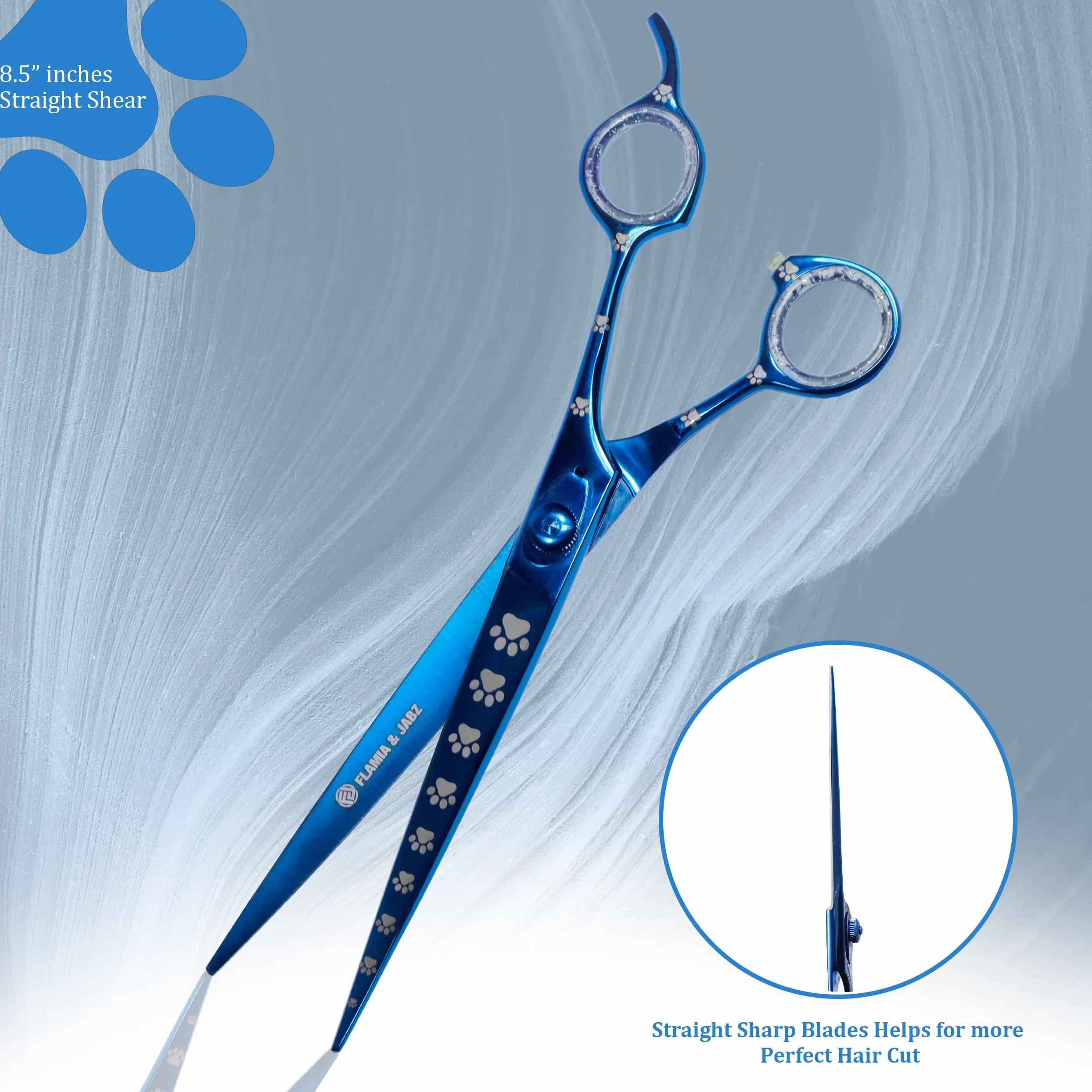Set di forbici professionali per la toelettatura del cane, dritte, curve, diluenti/frullatore e chunker con impronte di zampe per cani, blu, acciaio inossidabile 20.5 cm)