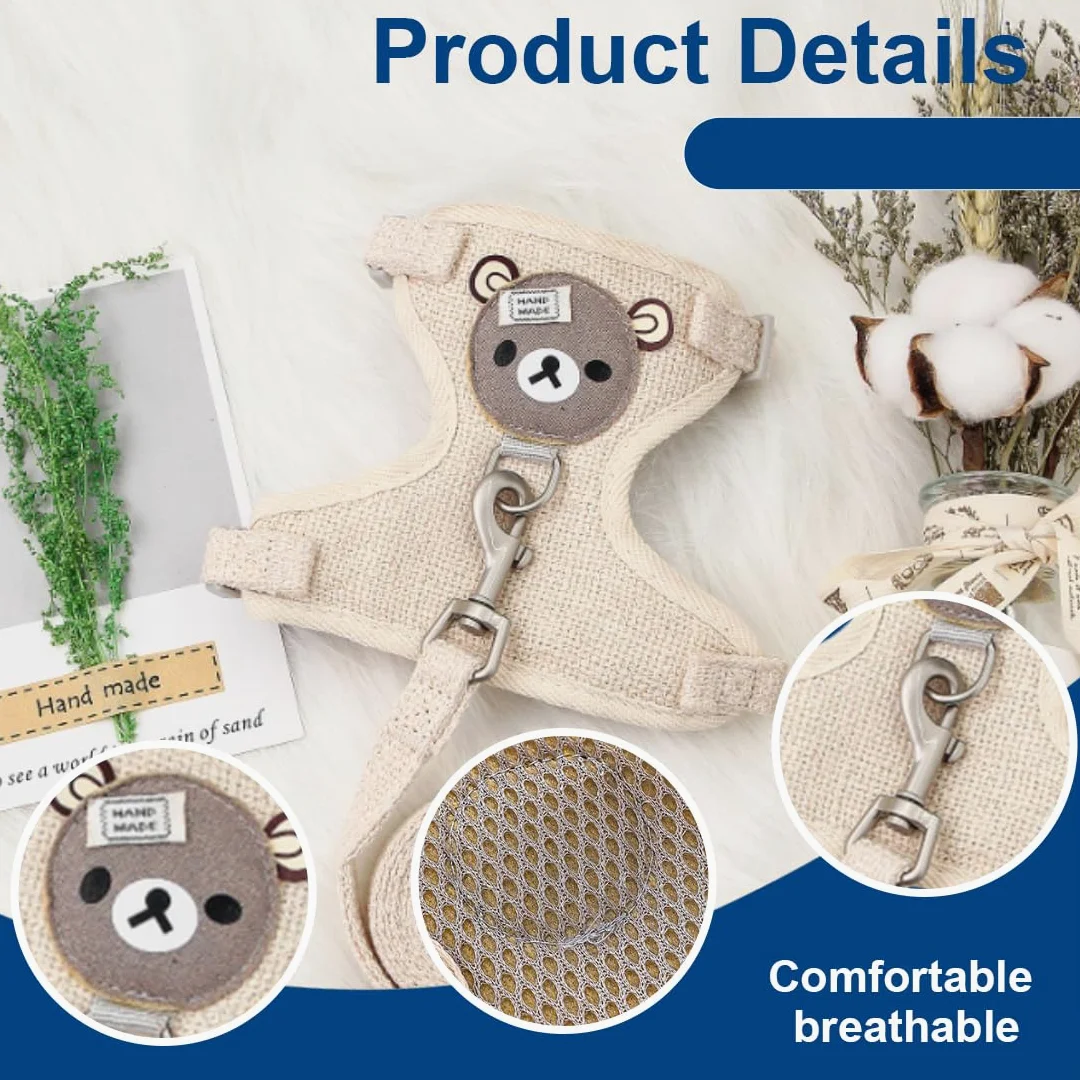 Guinzaglio e Pettorina per Coniglio Nano - Imbracatura Regolabile con Accessori per Piccoli Animali, 120cm, per 1-1,5 kg (Beige)