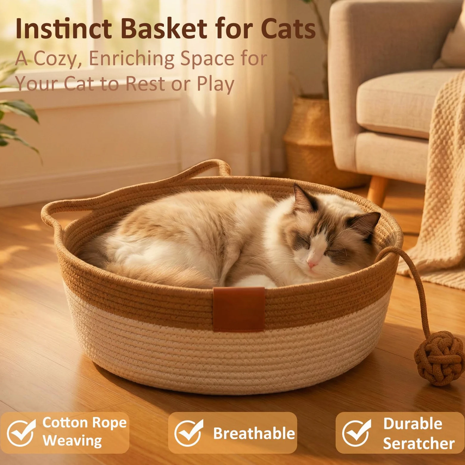 Instinct Basket per gatti, letto arricchito a mano in corda di cotone con coda giocattolo attaccata, nido interattivo antigraffio per animali domestici, presenta pareti flessibili per combattere la