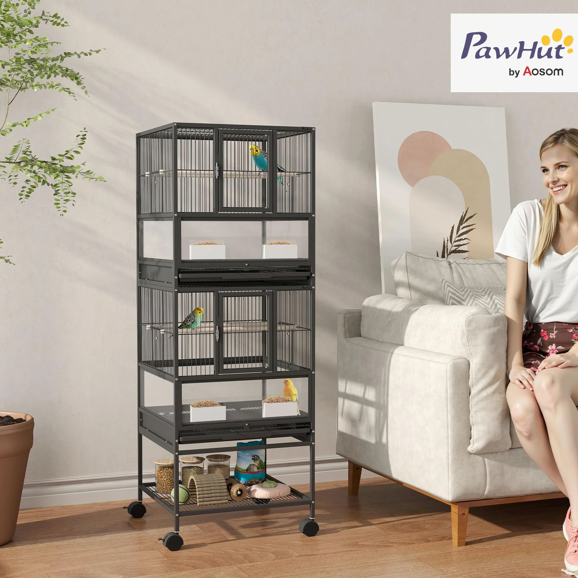 Pawhut Gabbia per uccelli grande gabbia a 2 livelli con ruote pannelli acrilici mangiatoie appendiabiti scaffale vassoi estraibili voliera per pappagalli Canarini 48 x 46 x 134,5 cm nero