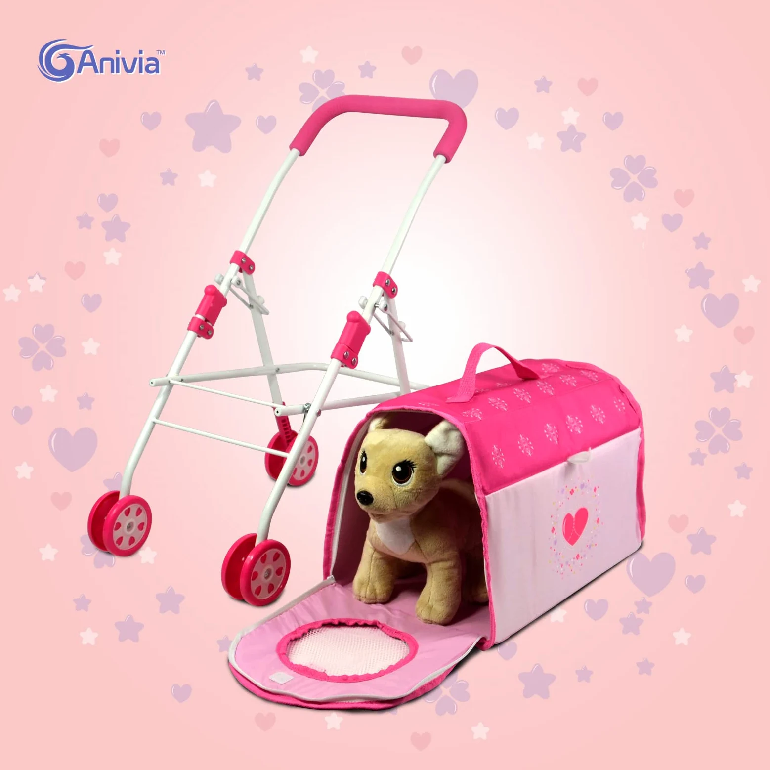 Anivia Passeggino per Animali Domestici e Accessori per Bambini dai 3 ai 7 Anni, Set da 2 Pezzi per Cani da Gioco, Set da Gioco per Cuccioli con 1 Cucciolo Incluso Rosa